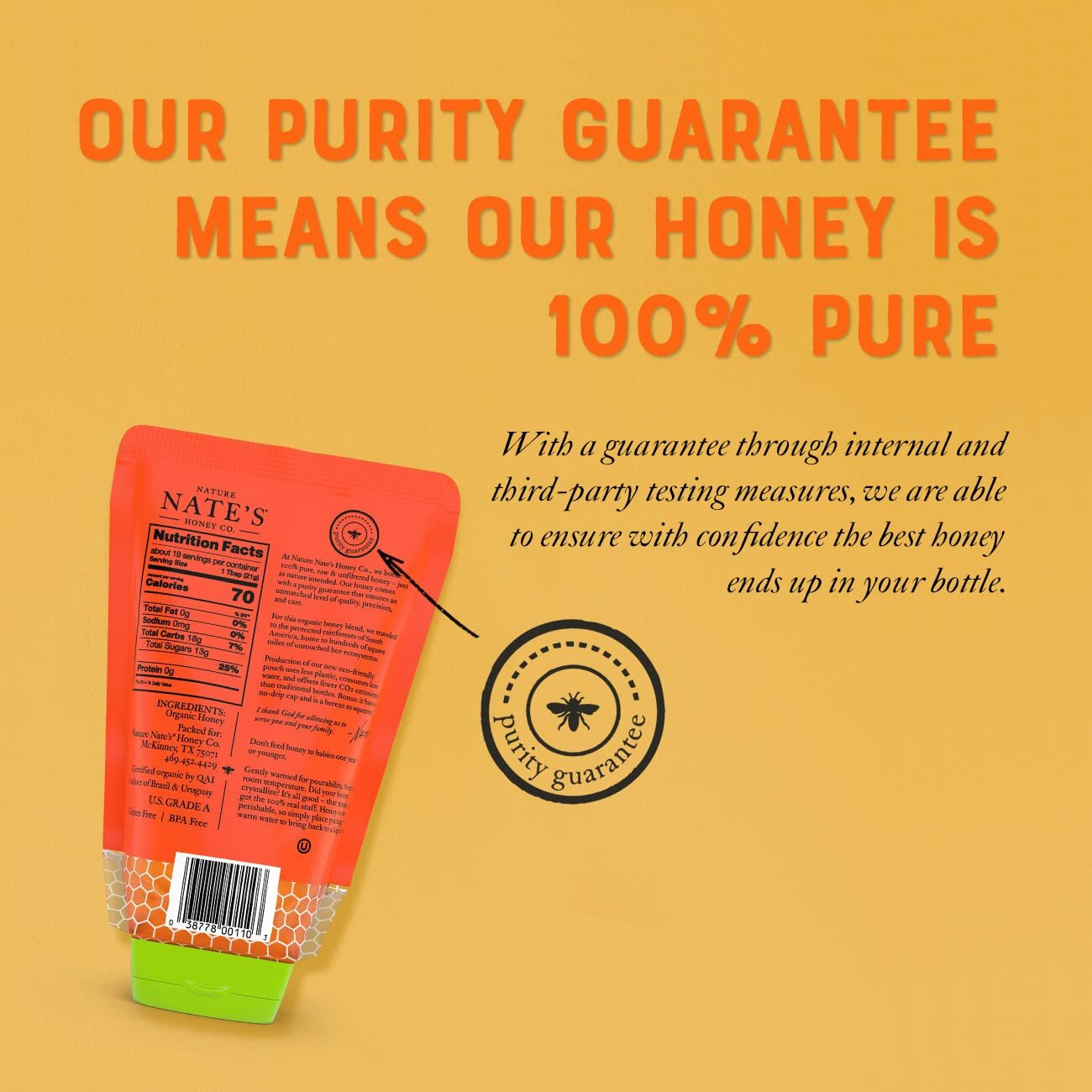 Nature Nate's 100% Pure Usda Organic Raw & Unfiltered Honey, 14 Oz. No-Drip Sustainable Squeeze Pouch Purity Guarantee, No Additives
