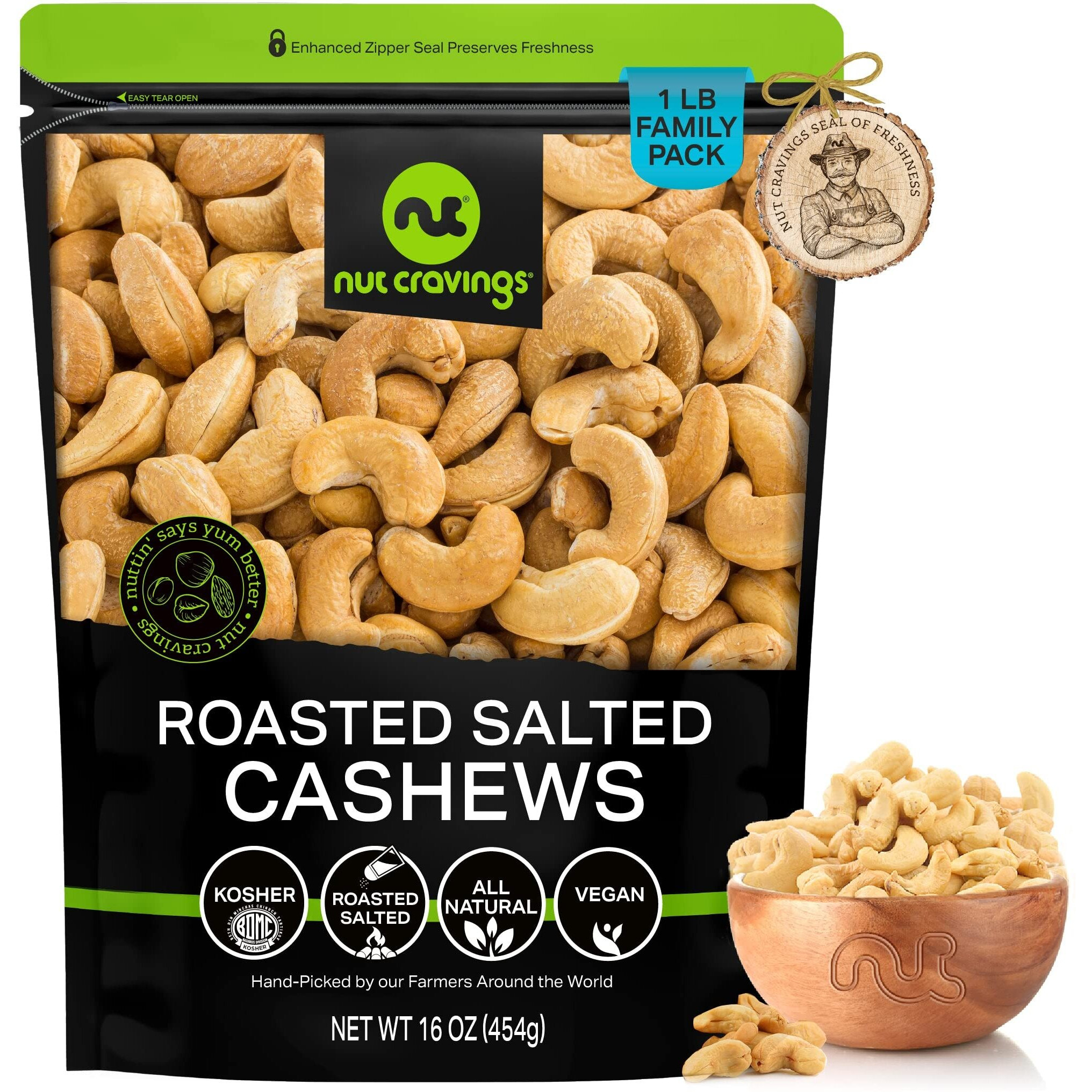 Nut Cravings - Roasted Cashews Slightly Salted - Jumbo, Whole (16Oz - 1 Lb) Packed Fresh In Resealable Bag - Nut Snack - Healthy Protein Food, All Natural, Keto Friendly, Vegan, Kosher