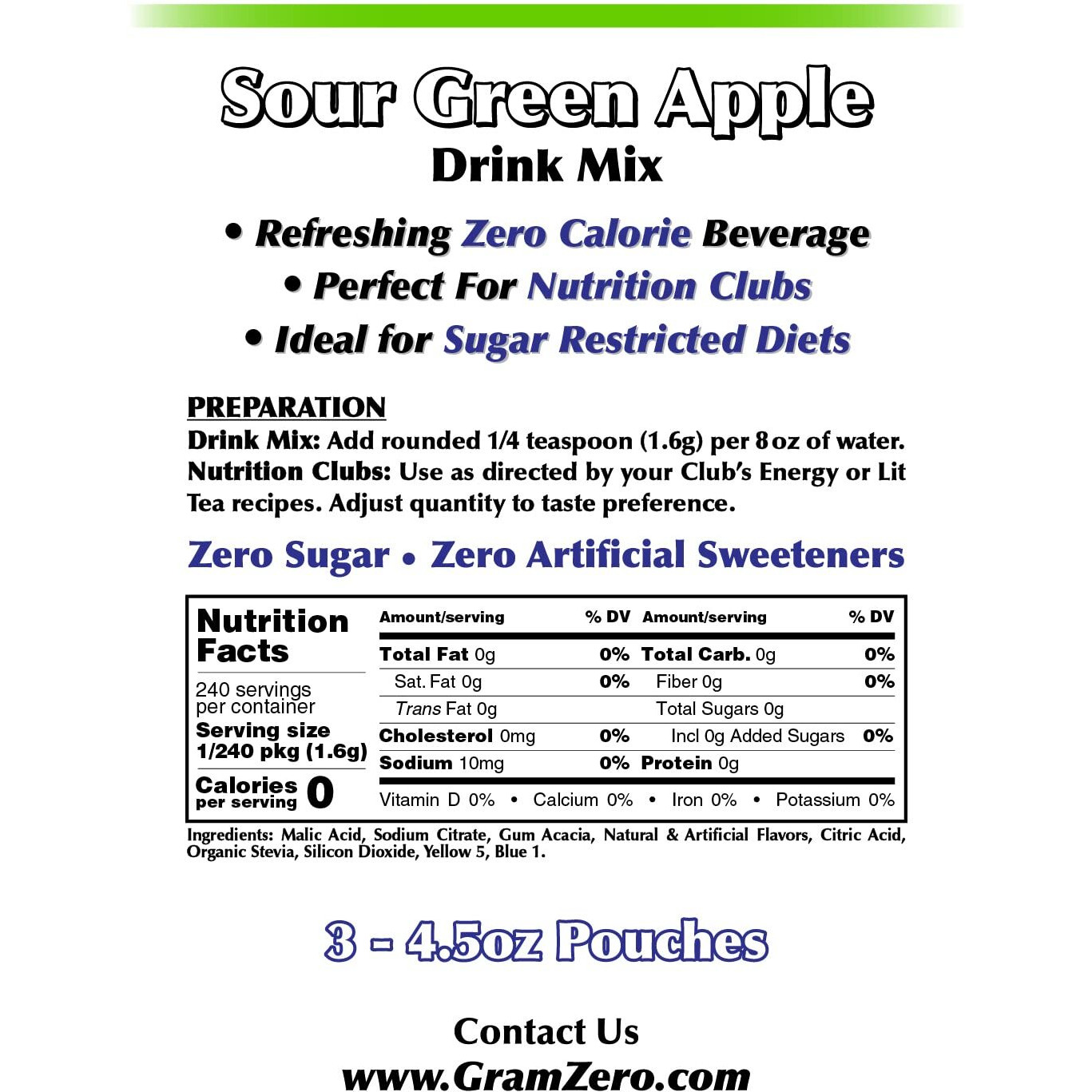 Gramzero Sour Green Apple Zero Calorie Sugar Free Drink Mix, Great For Nutrition Club Loaded Tea, Stevia Sweetened