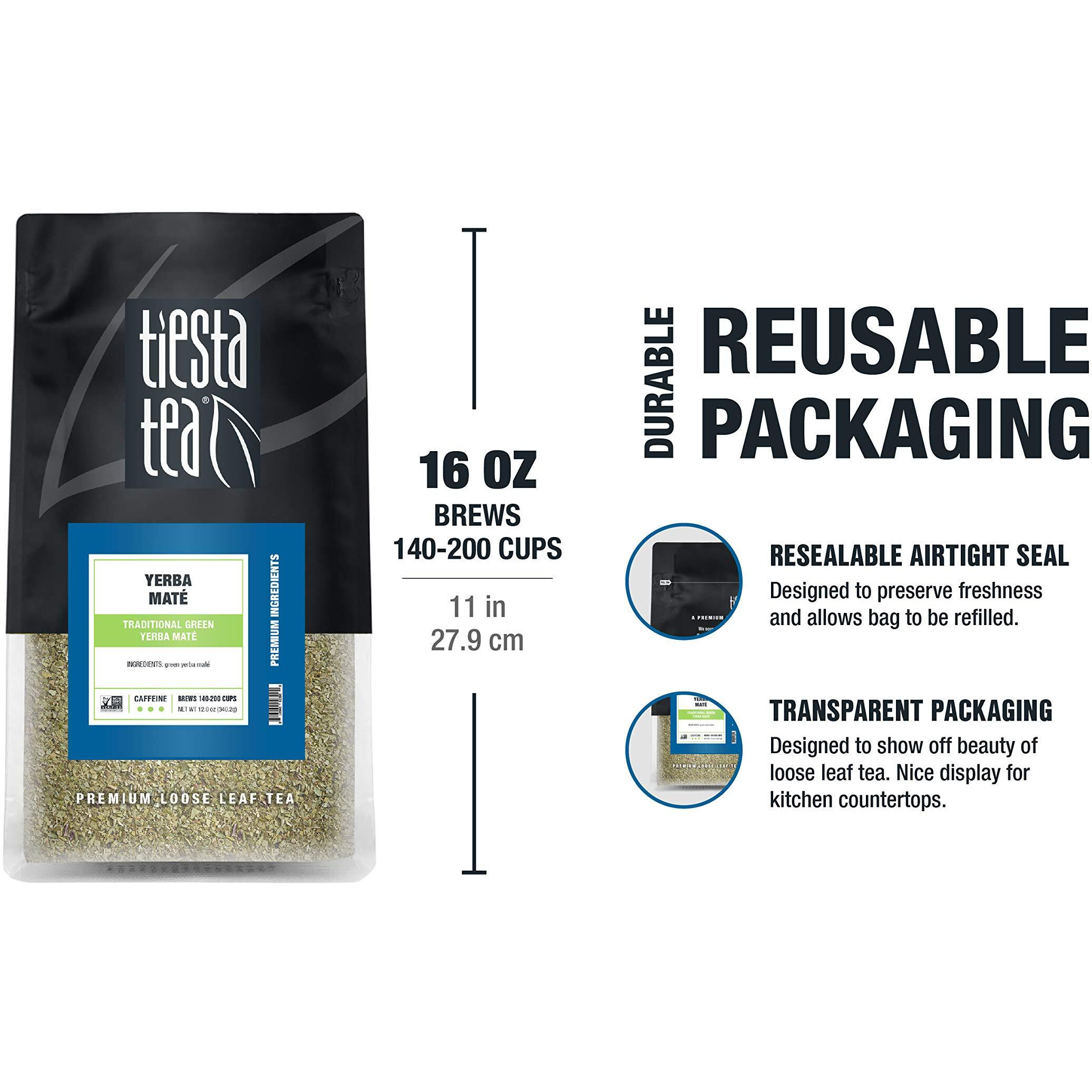 Tiesta Tea - Yerba Mate | Traditional Green Mat   Tea | Premium Loose Leaf Tea | High Caffeinated Tea | Make Hot Or Iced Tea & Brews Up To 200 Cups | All Natural Flavors - 12Oz Resealable Bulk Pouch