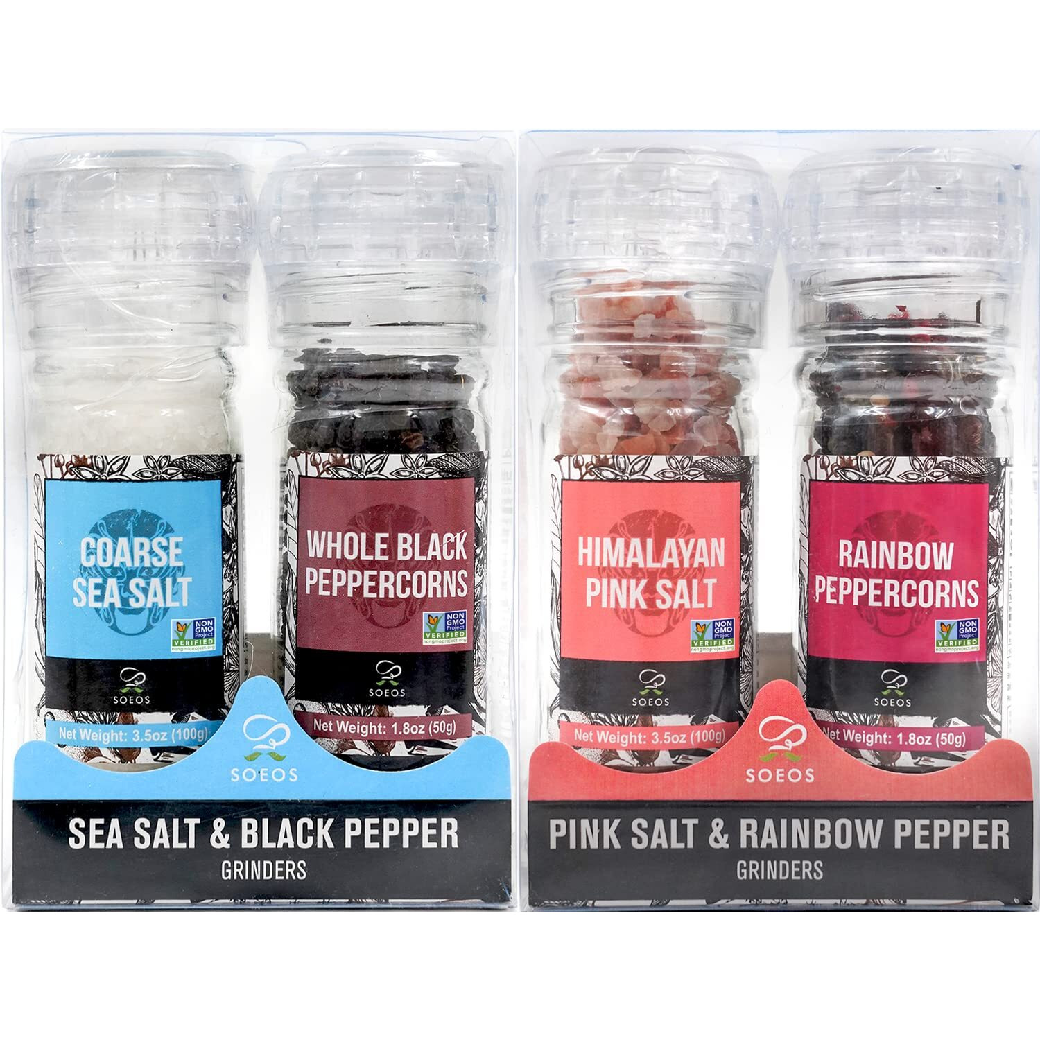 Soeos Black Peppercorns + White Sea Salt + Rainbow Peppercorns + Pink Salt, 10.6Oz (300.50G), Salt And Pepper Set, Spice Grinder Set, Spice Set