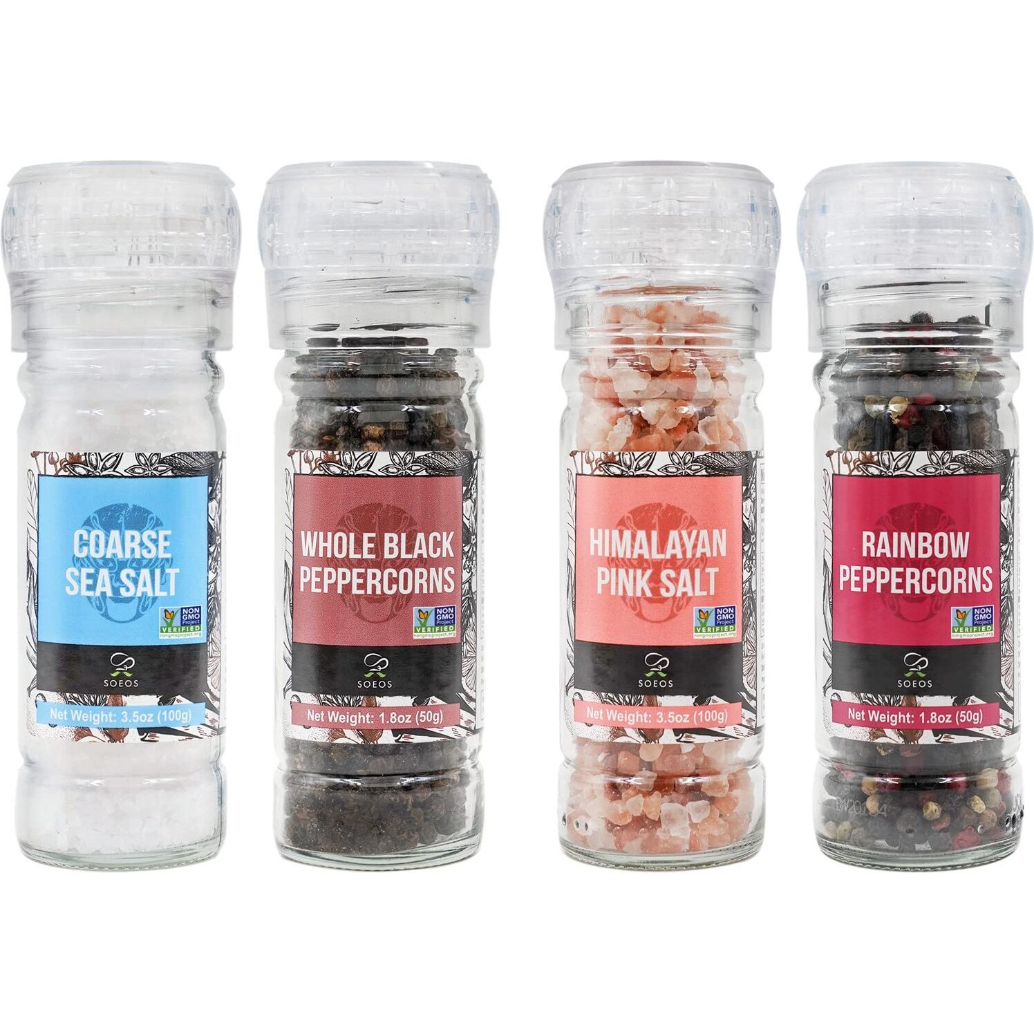 Soeos Black Peppercorns + White Sea Salt + Rainbow Peppercorns + Pink Salt, 10.6Oz (300.50G), Salt And Pepper Set, Spice Grinder Set, Spice Set