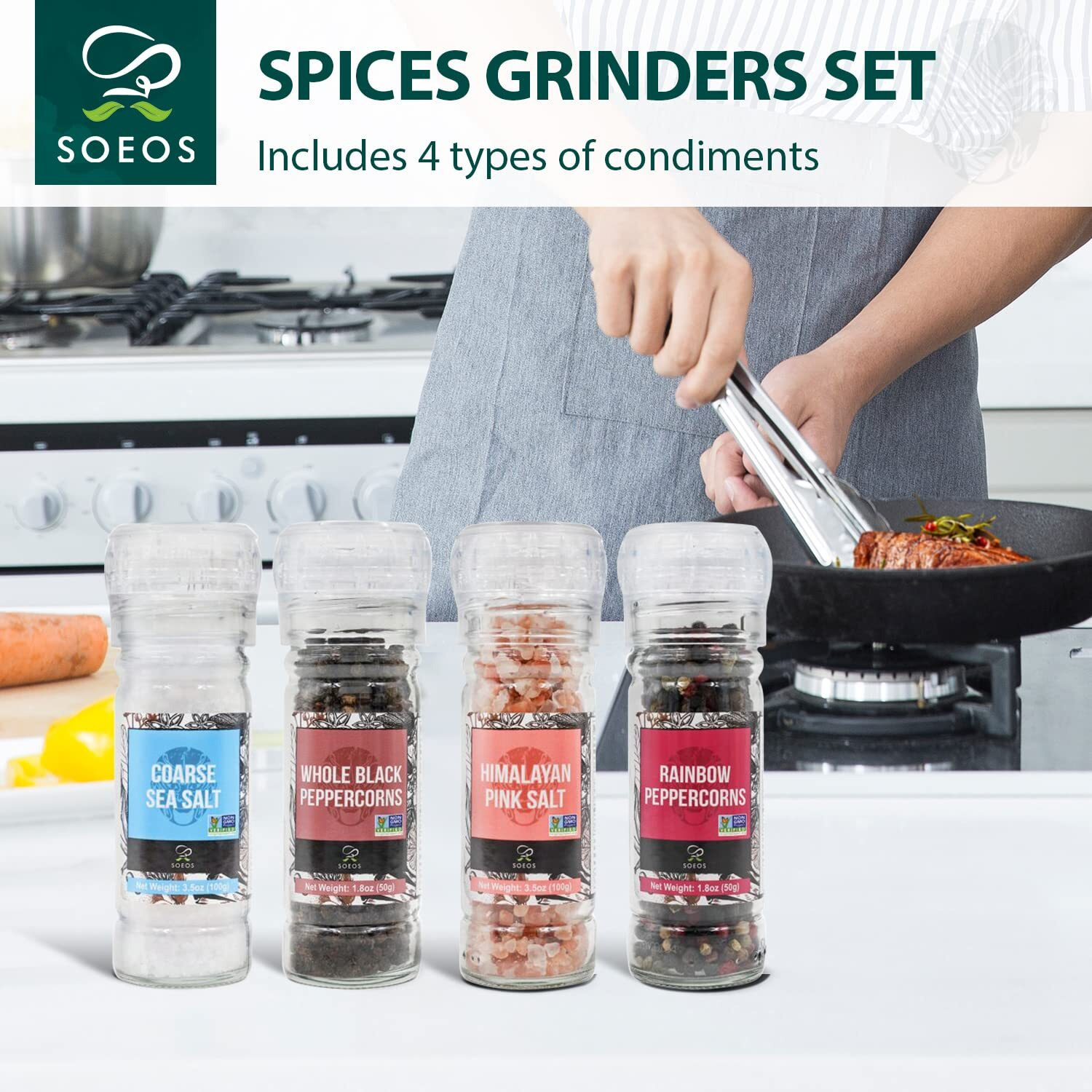 Soeos Black Peppercorns + White Sea Salt + Rainbow Peppercorns + Pink Salt, 10.6Oz (300.50G), Salt And Pepper Set, Spice Grinder Set, Spice Set