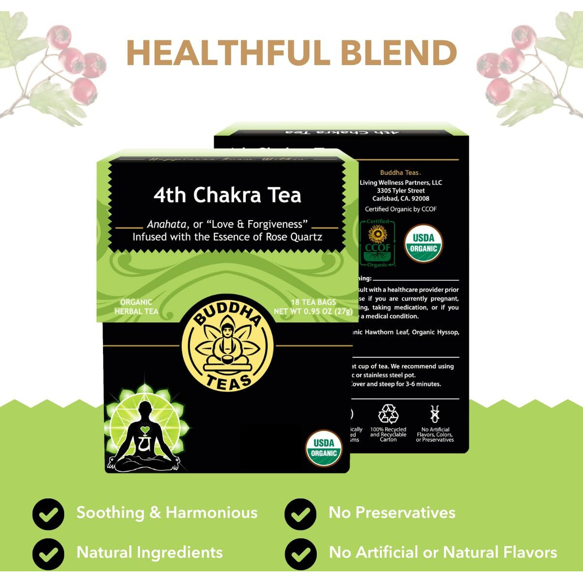 Buddha Teas - 4Th Chakra Tea - Organic Herbal Tea - For Balance, Love & Forgiveness - With Hawthorn Berry, Lavender, Hyssop & Rose Quartz Essence - Ou Kosher - 18 Tea Bags (Pack Of 1)