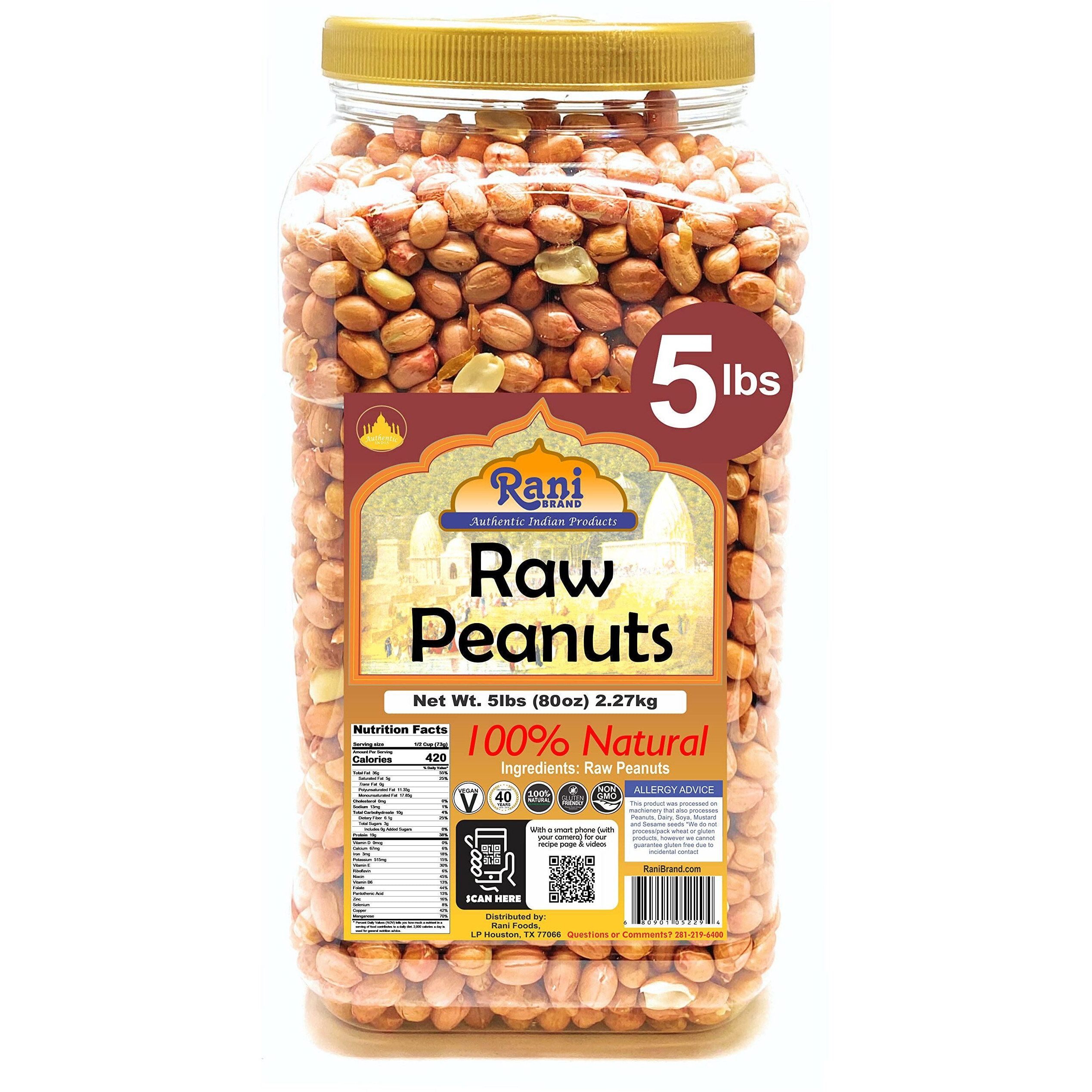Rani Peanuts, Raw Whole With Skin (Uncooked, Unsalted) 96Oz (6Lbs) 2.72Kg Bulk Pet Jar ~ All Natural | Vegan | Gluten Friendly | Fresh Product Of Usa ~ Spanish Grade Groundnut/Red-Skin