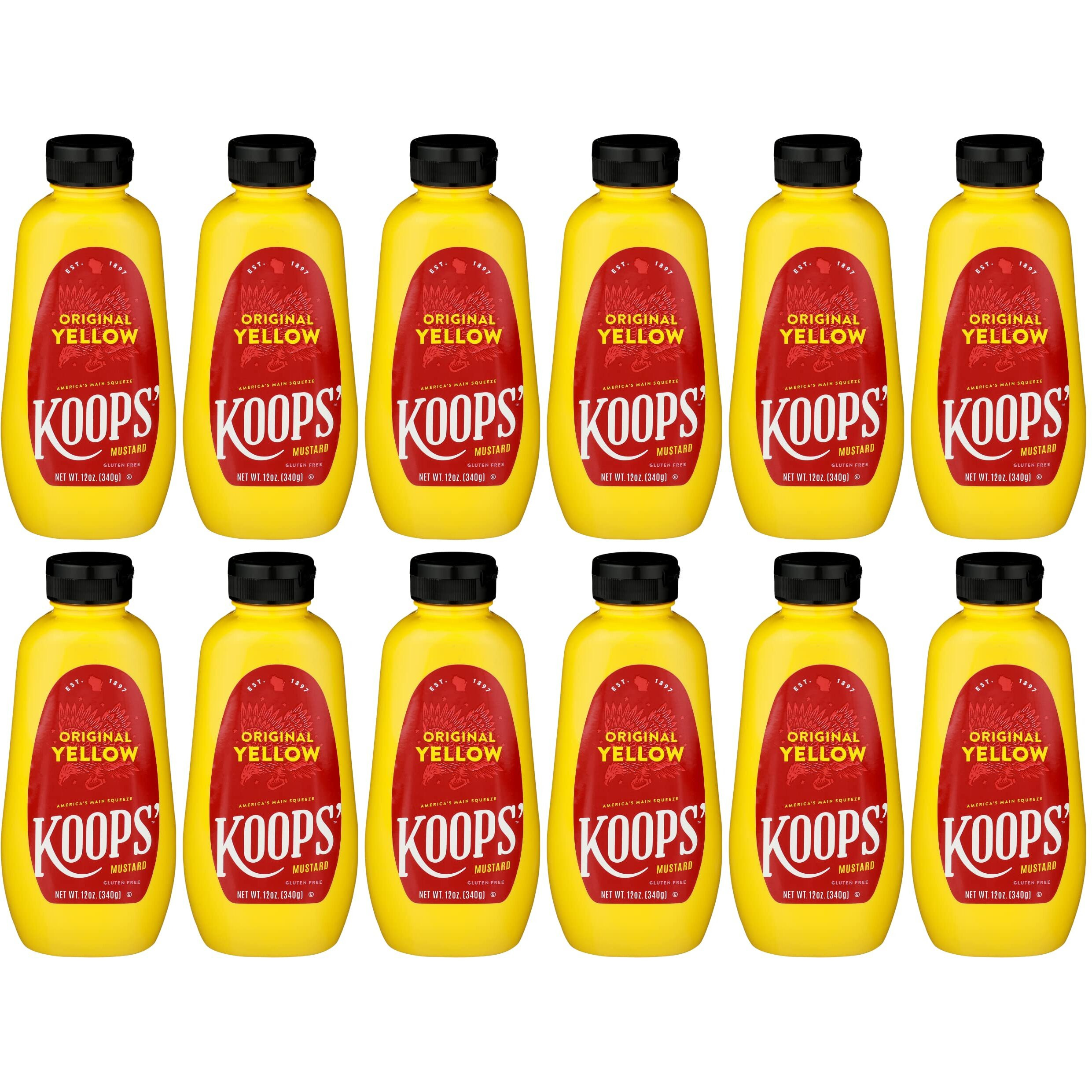 Koops' Original Yellow Mustard - Gourmet Mustard, Gluten-Free, Kosher, Made In Usa, From Quality Mustard Seeds, Yellow Mustard Sauce - 12 Oz, Pack Of 12