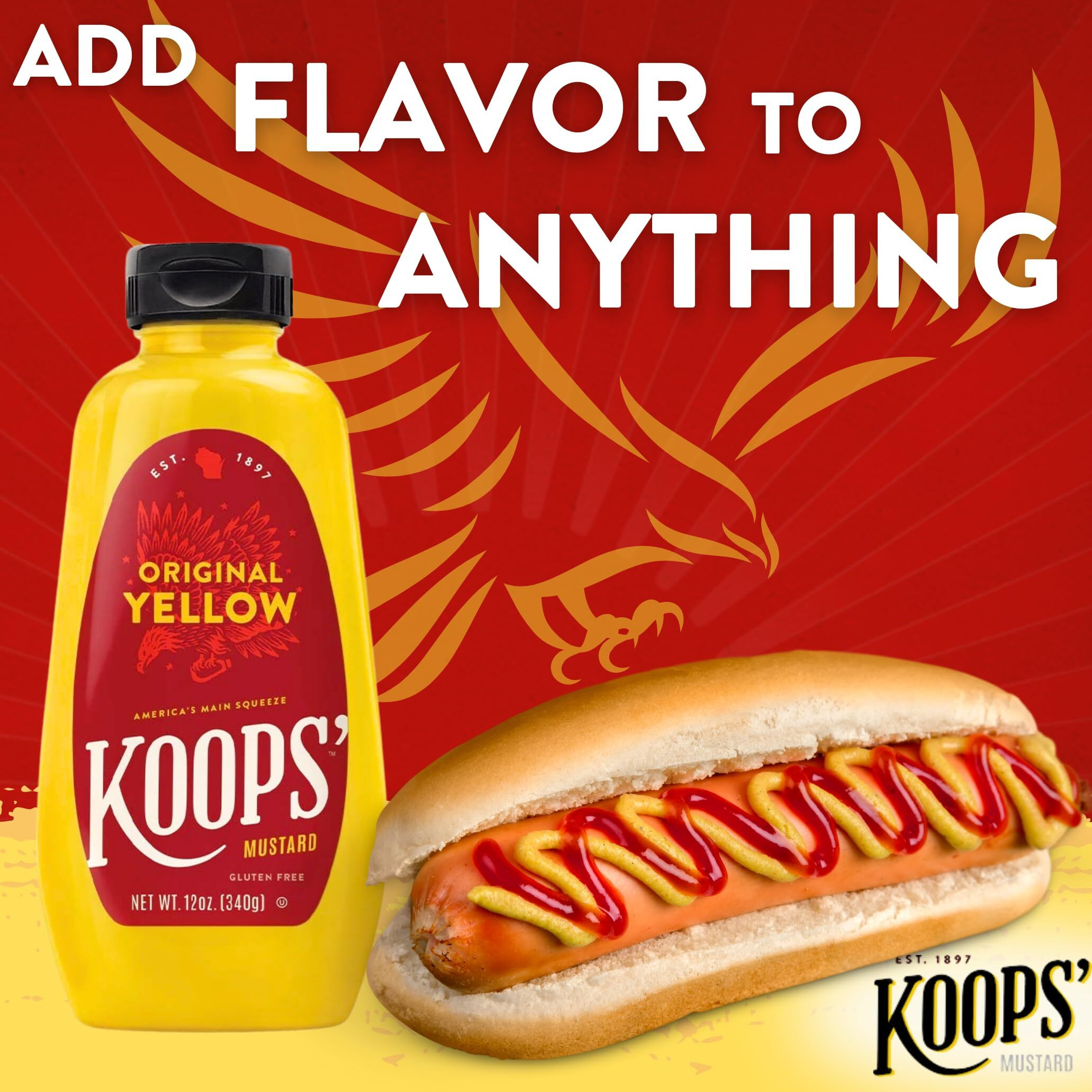 Koops' Original Yellow Mustard - Gourmet Mustard, Gluten-Free, Kosher, Made In Usa, From Quality Mustard Seeds, Yellow Mustard Sauce - 12 Oz, Pack Of 12