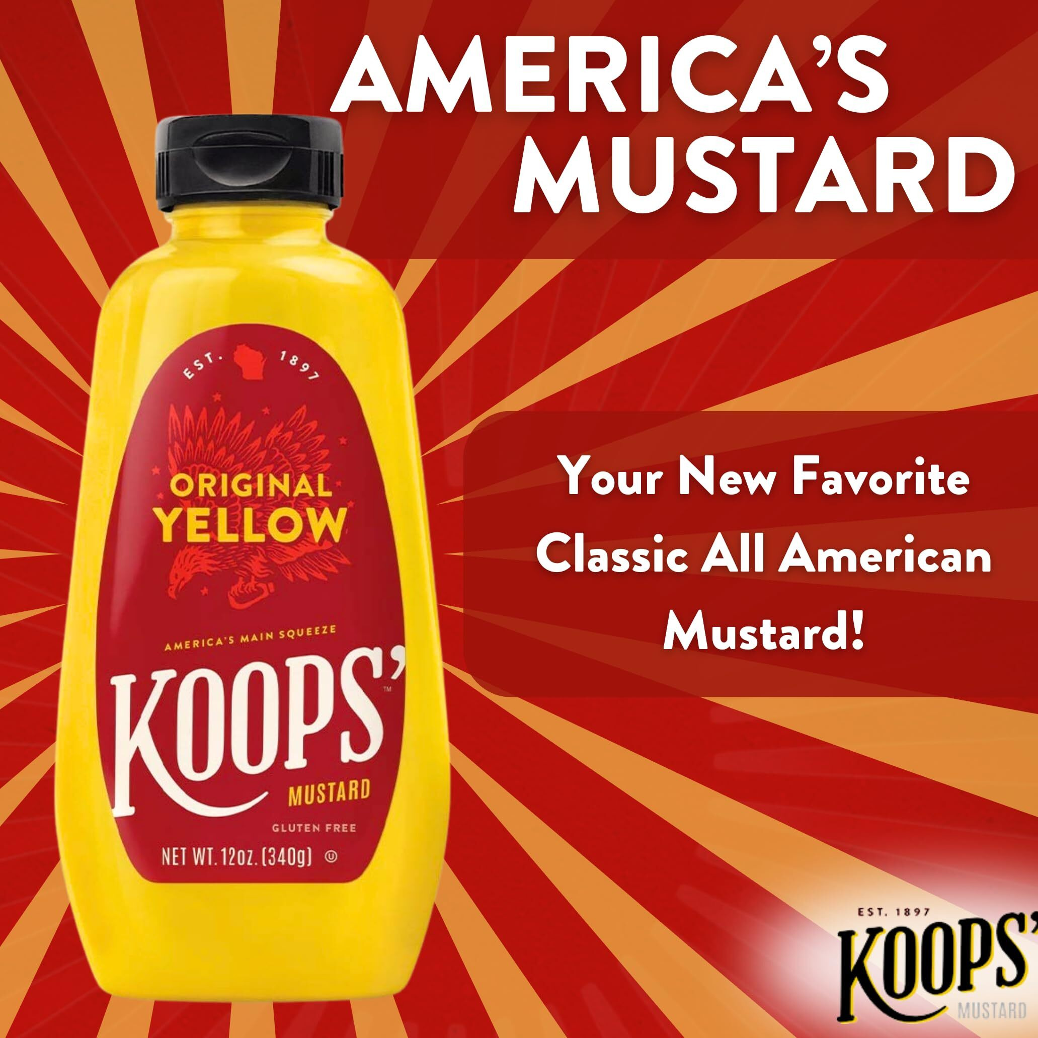 Koops' Original Yellow Mustard - Gourmet Mustard, Gluten-Free, Kosher, Made In Usa, From Quality Mustard Seeds, Yellow Mustard Sauce - 12 Oz, Pack Of 12