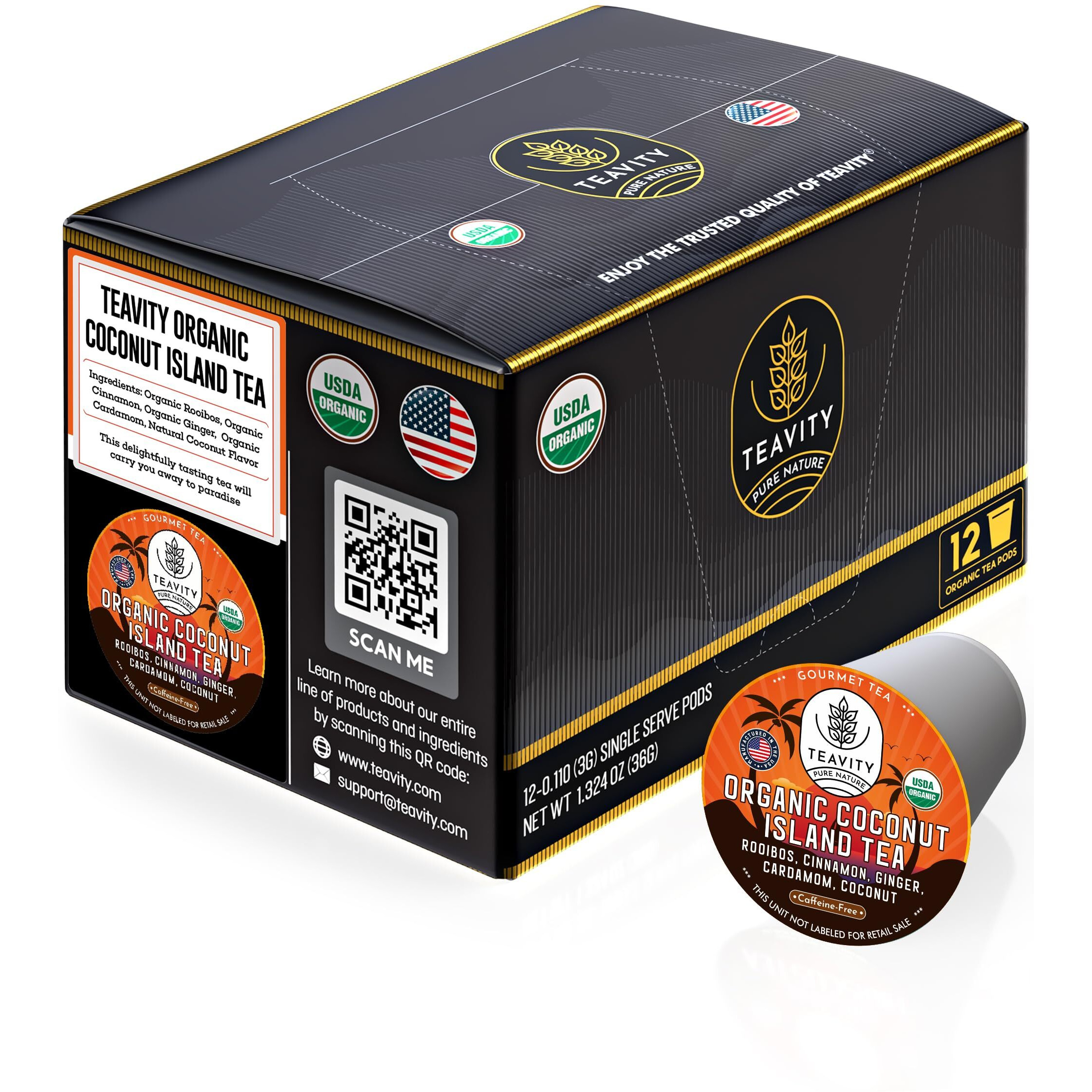 Coconut Rooibos Tea Pods For Keurig - Organic Ginger Tea, Rooibos, Cinnamon, Cardamom, Coconut By Coconut Island Teavity (12 Tea Pods)
