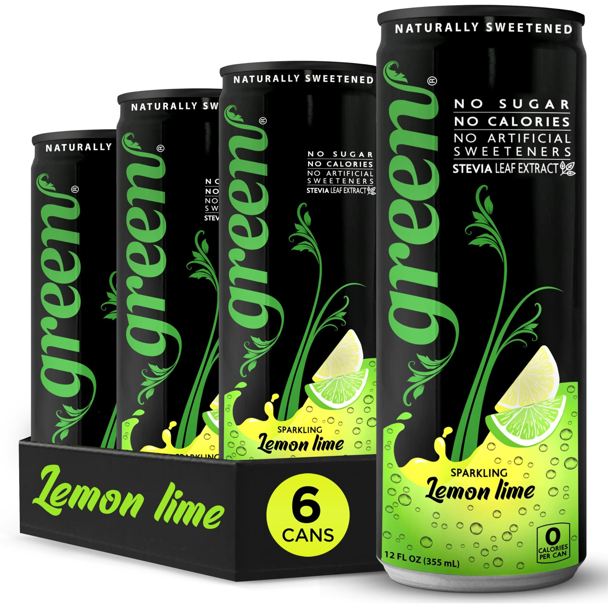 Green Lemon Lime - Sugar Free, No Calories, Naturally Sweetened With 100% Stevia Leaf Extract, Carbonated Soda, 12 Fl Oz Each Can - Pack Of 6