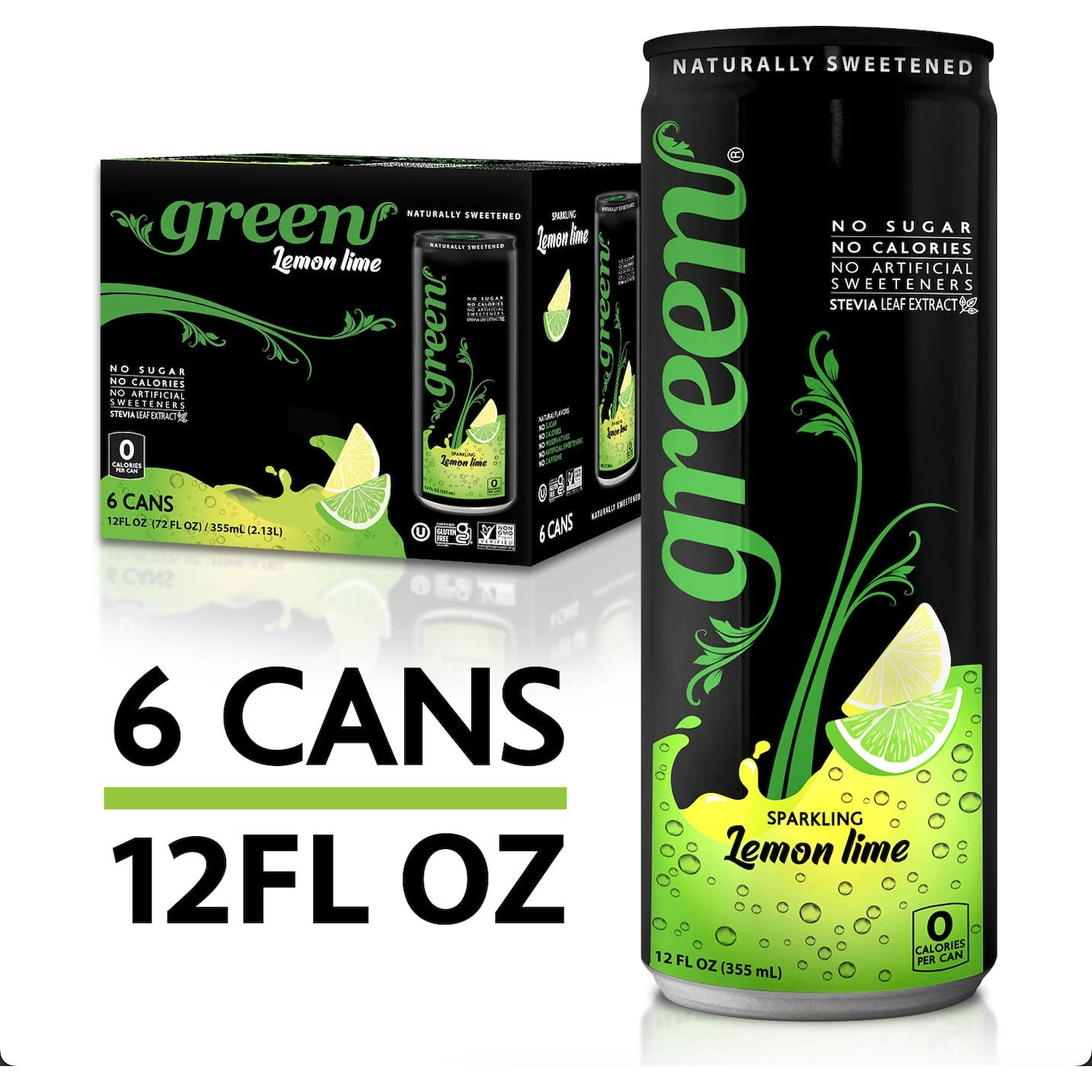 Green Lemon Lime - Sugar Free, No Calories, Naturally Sweetened With 100% Stevia Leaf Extract, Carbonated Soda, 12 Fl Oz Each Can - Pack Of 6