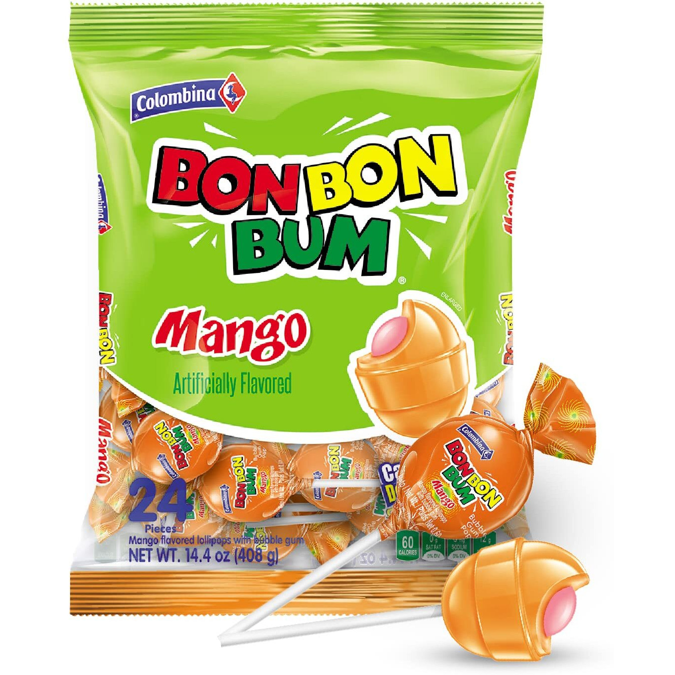 Colombina Bon Bon Bum Lollipops W/Bubble Gum Center, Mango Flavor, Individually Wrapped, Ideal For Party Favors And Gifts, 1 Pack (24 Count)