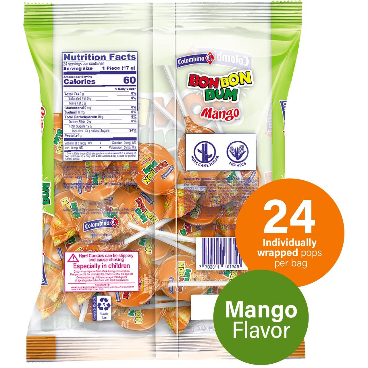 Colombina Bon Bon Bum Lollipops W/Bubble Gum Center, Mango Flavor, Individually Wrapped, Ideal For Party Favors And Gifts, 1 Pack (24 Count)