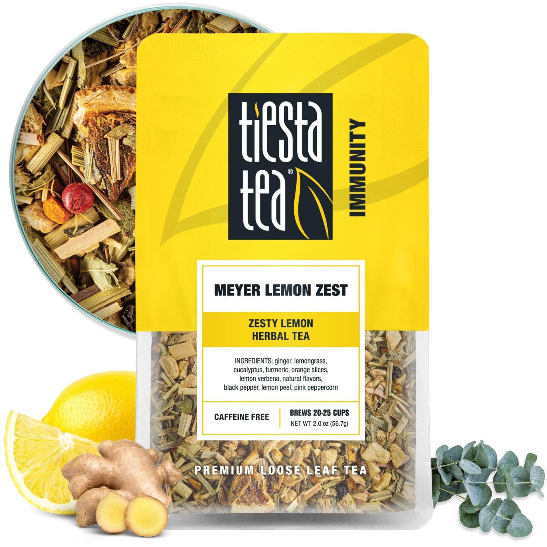 Tiesta Tea - Meyer Lemon Zest | Zesty Lemon Herbal Tea | Premium Loose Leaf Tea Blend | Caffeine Free Herbal Tea | Make Hot Or Iced & Up To 25 Cups - 2 Oz Resealable Pouch