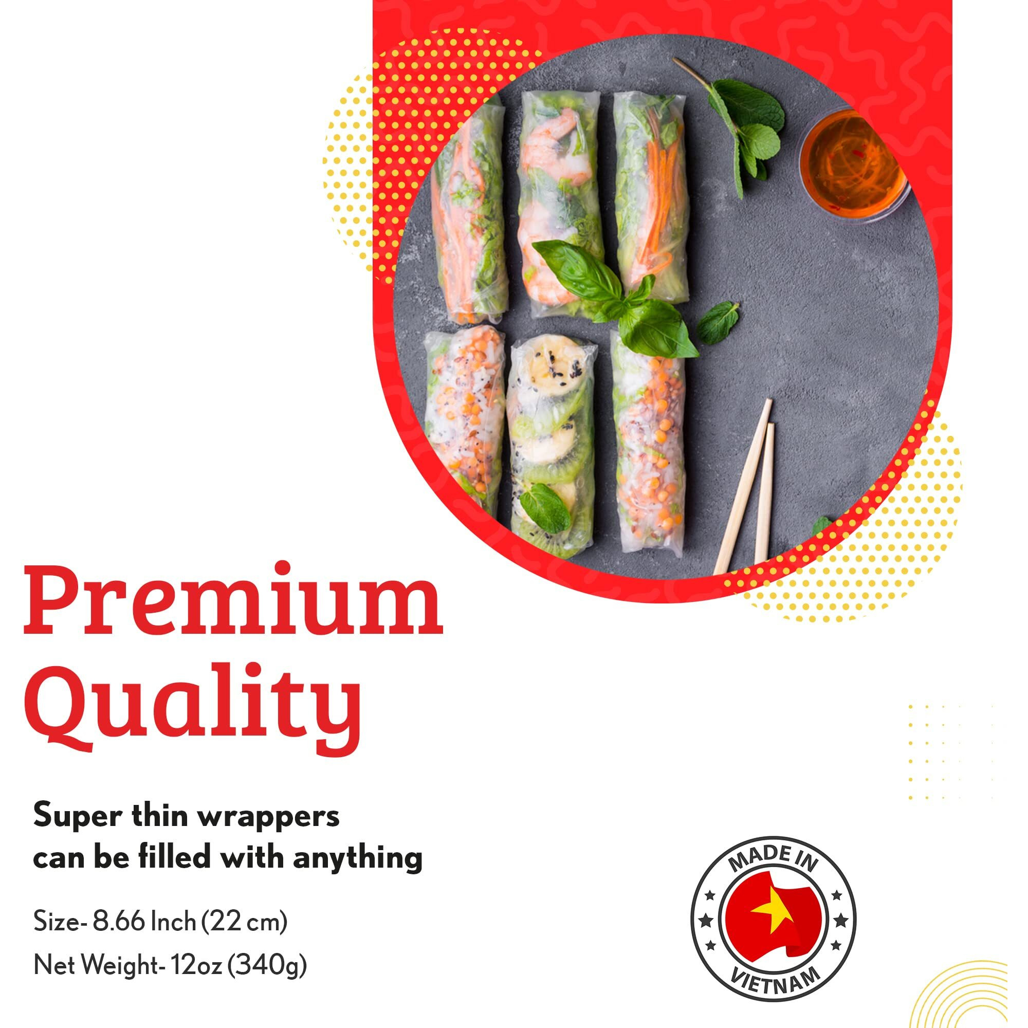 Cathay Fresh Spring Roll Rice Paper Wrappers, Rice Paper Wrappers For Fresh Roll-30 Sheets Each, Non-Gmo, Low Carb, Vietnamese Summer Wrap With Natural Ingredients,Veggie Wrap (Square, 22Cm - 3 Pack)