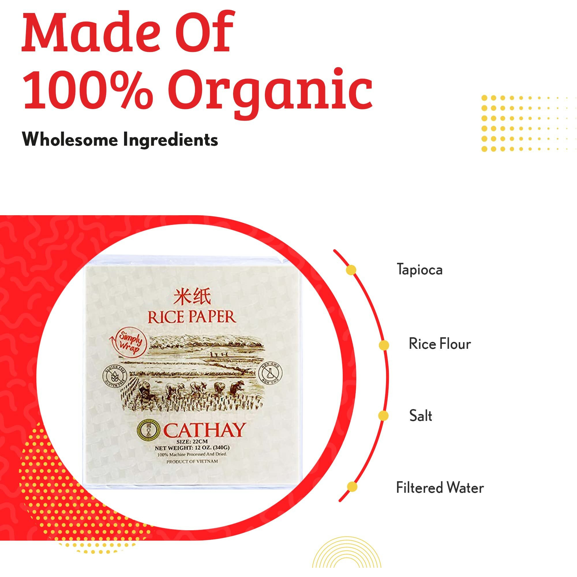 Cathay Fresh Spring Roll Rice Paper Wrappers, Rice Paper Wrappers For Fresh Roll-30 Sheets Each, Non-Gmo, Low Carb, Vietnamese Summer Wrap With Natural Ingredients,Veggie Wrap (Square, 22Cm - 3 Pack)