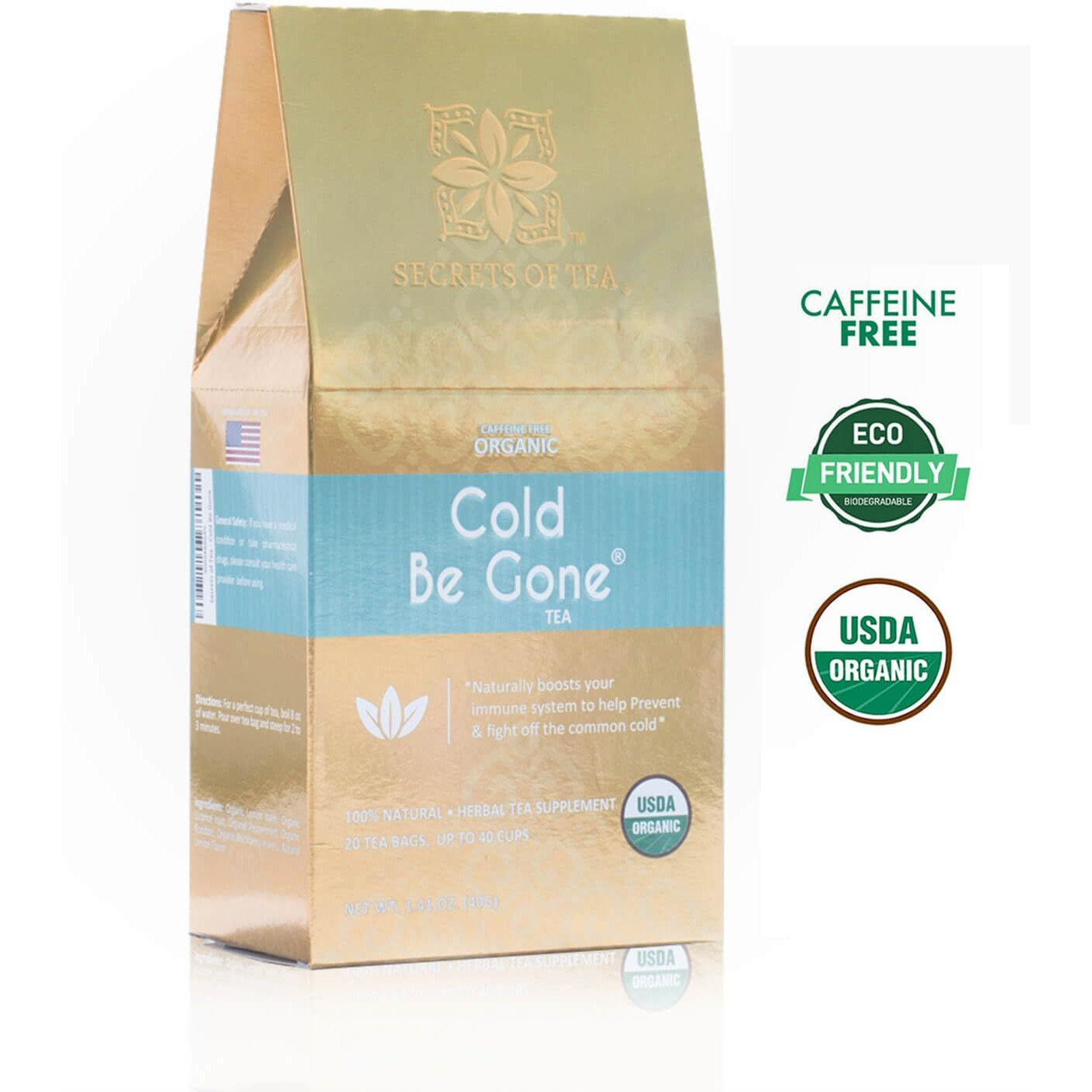 Secrets Of Tea Cold Be Gone Tea- -Caffeine Free Immunity Tea- Natural Usda Organic Throat Coat Tea For Cold Relief, Cough, Congestion, Throat, Fever, And Sleep - 20 Count (1 Pack)