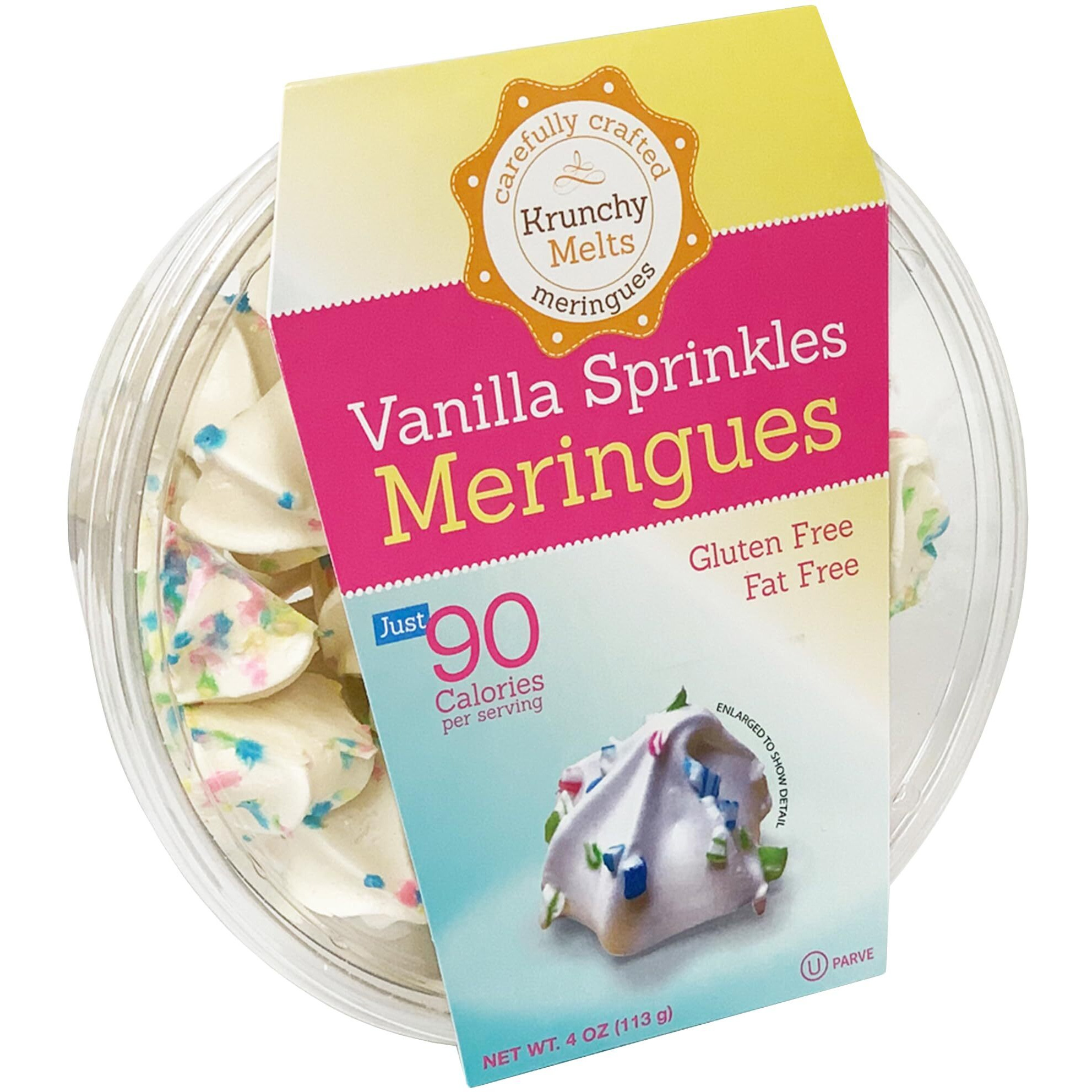 Krunchy Melts Original Meringue Cookies | Vanilla Sprinkles Flavor | Only 90 Calories Per Serving | Fat Free, Gluten Free, Dairy Free (4 Oz)