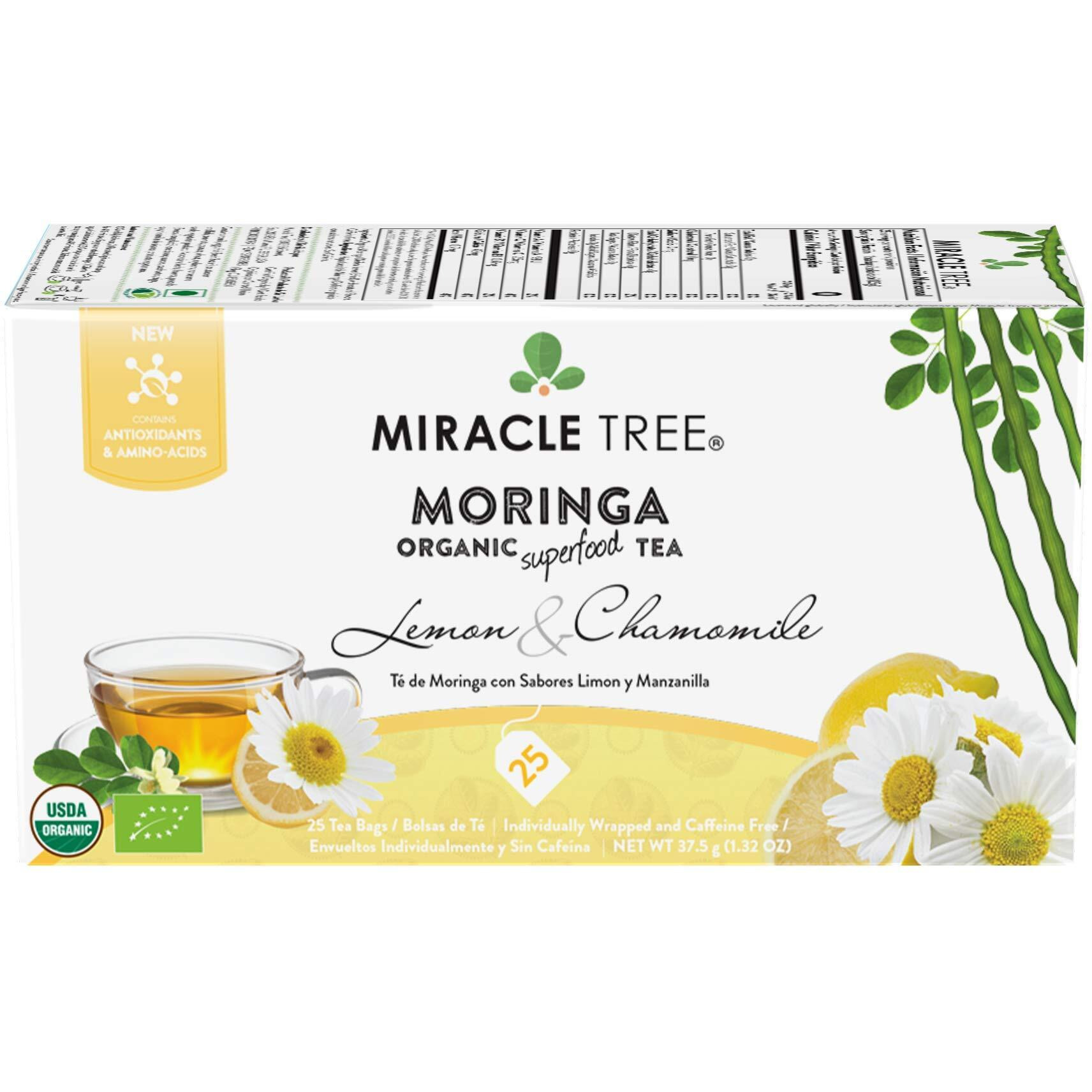 Miracle Tree - Organic Moringa Superfood Tea, 25 Individually Sealed Tea Bags, Lemon Chamomile (Keto, Detox, Energy/Immunity Booster, Vegan, Gluten-Free, Organic, Non-Gmo, Caffeine-Free)