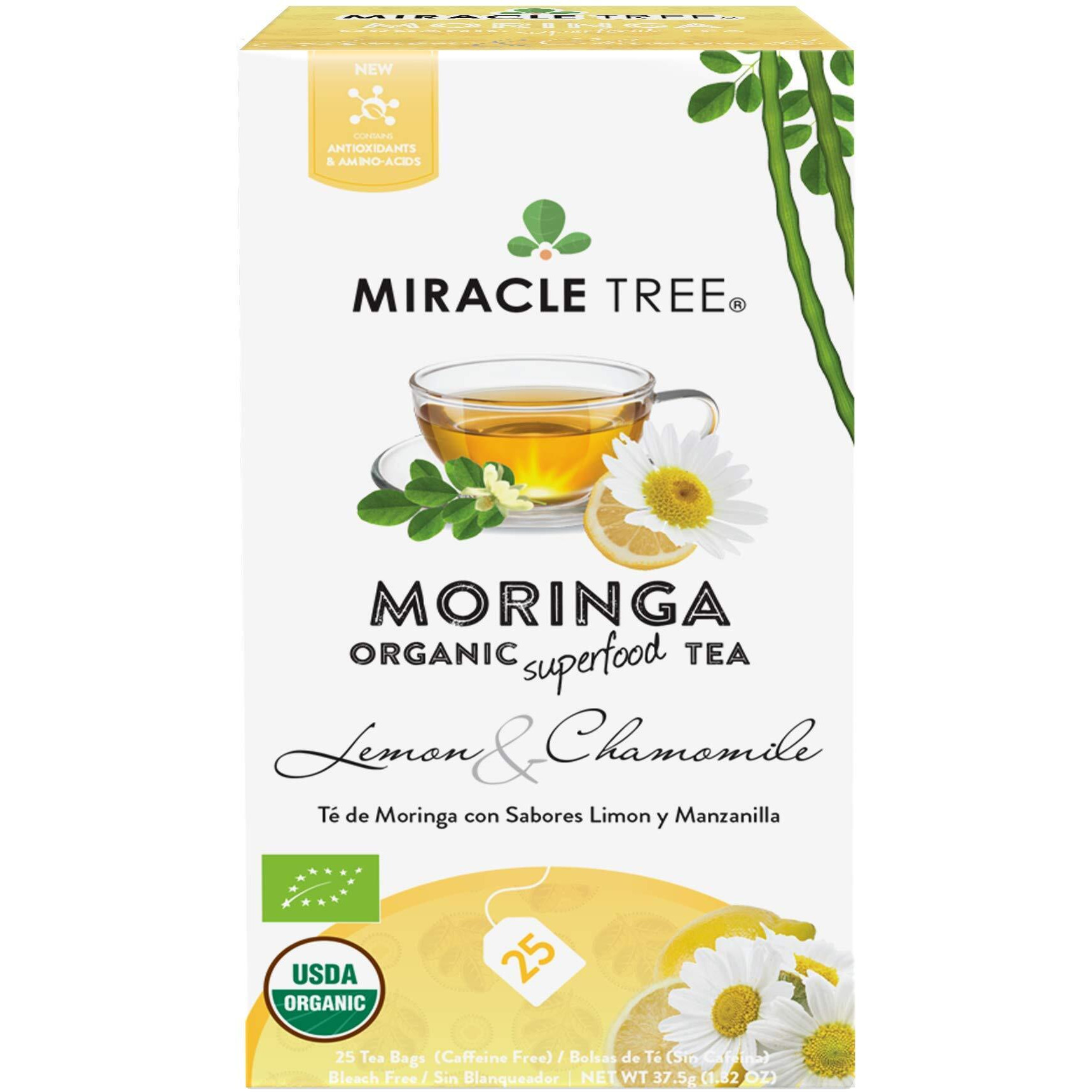 Miracle Tree - Organic Moringa Superfood Tea, 25 Individually Sealed Tea Bags, Lemon Chamomile (Keto, Detox, Energy/Immunity Booster, Vegan, Gluten-Free, Organic, Non-Gmo, Caffeine-Free)