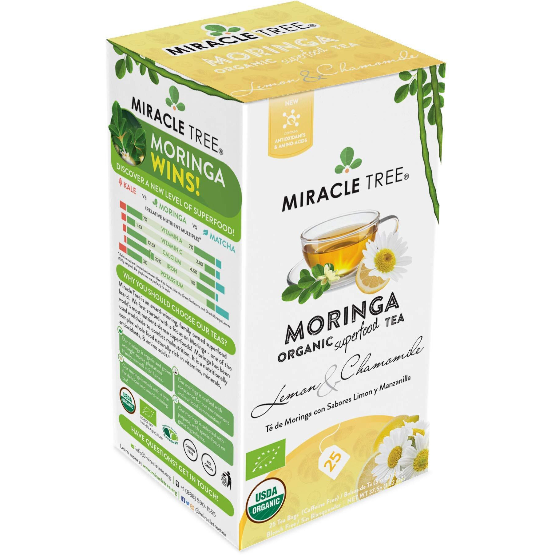 Miracle Tree - Organic Moringa Superfood Tea, 25 Individually Sealed Tea Bags, Lemon Chamomile (Keto, Detox, Energy/Immunity Booster, Vegan, Gluten-Free, Organic, Non-Gmo, Caffeine-Free)