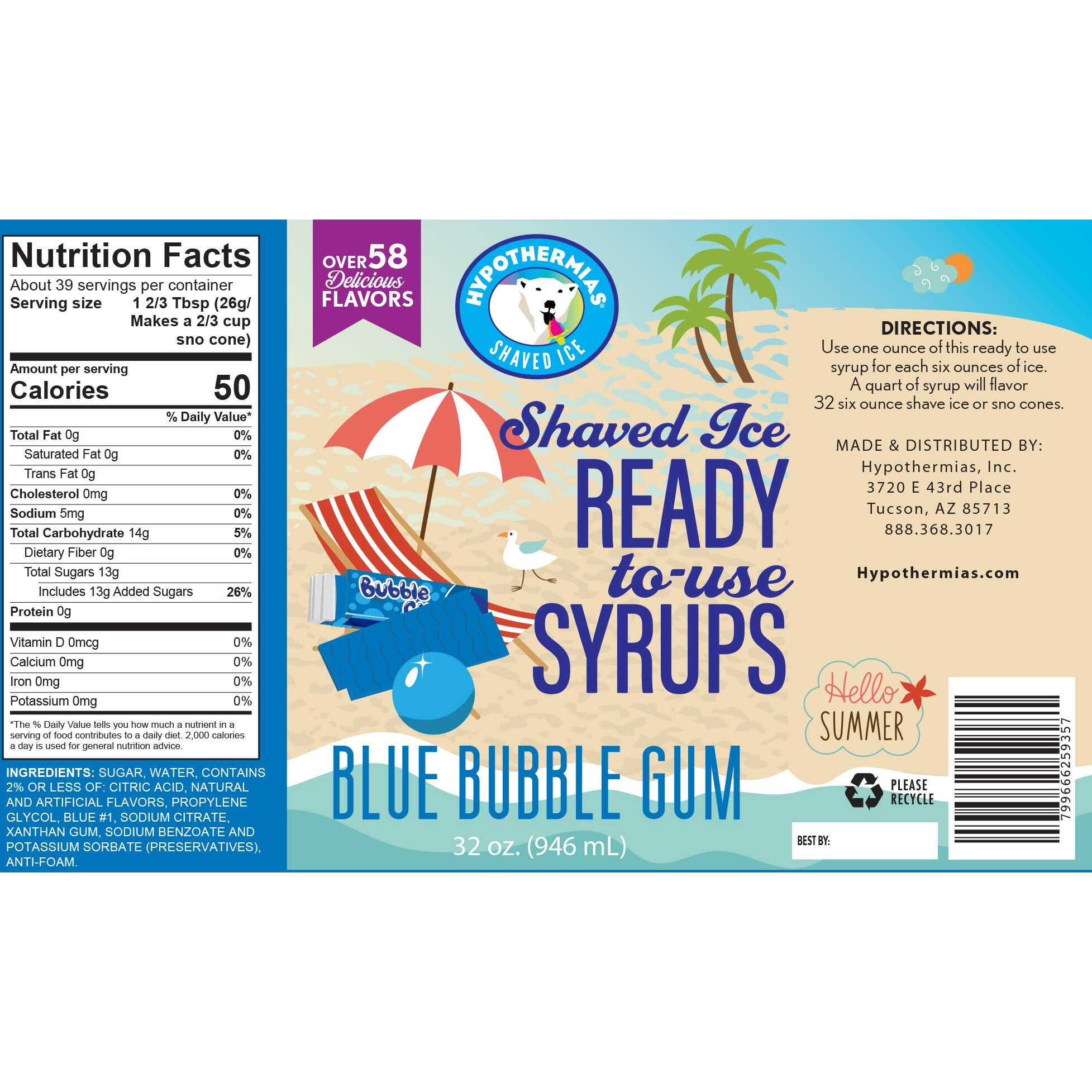 Blue Bubble Gum Hypothermias Gourmet Handcrafted Hawaiian  Snow Cones Flavor Syrups For Drinks  Coffee, Shaved Ice & Slushie, Piraguas, Raspados, Soda Flavor Syrup  No Corn Syrup, 100% Pure Cane Sugar Quart (32 Fl Oz)