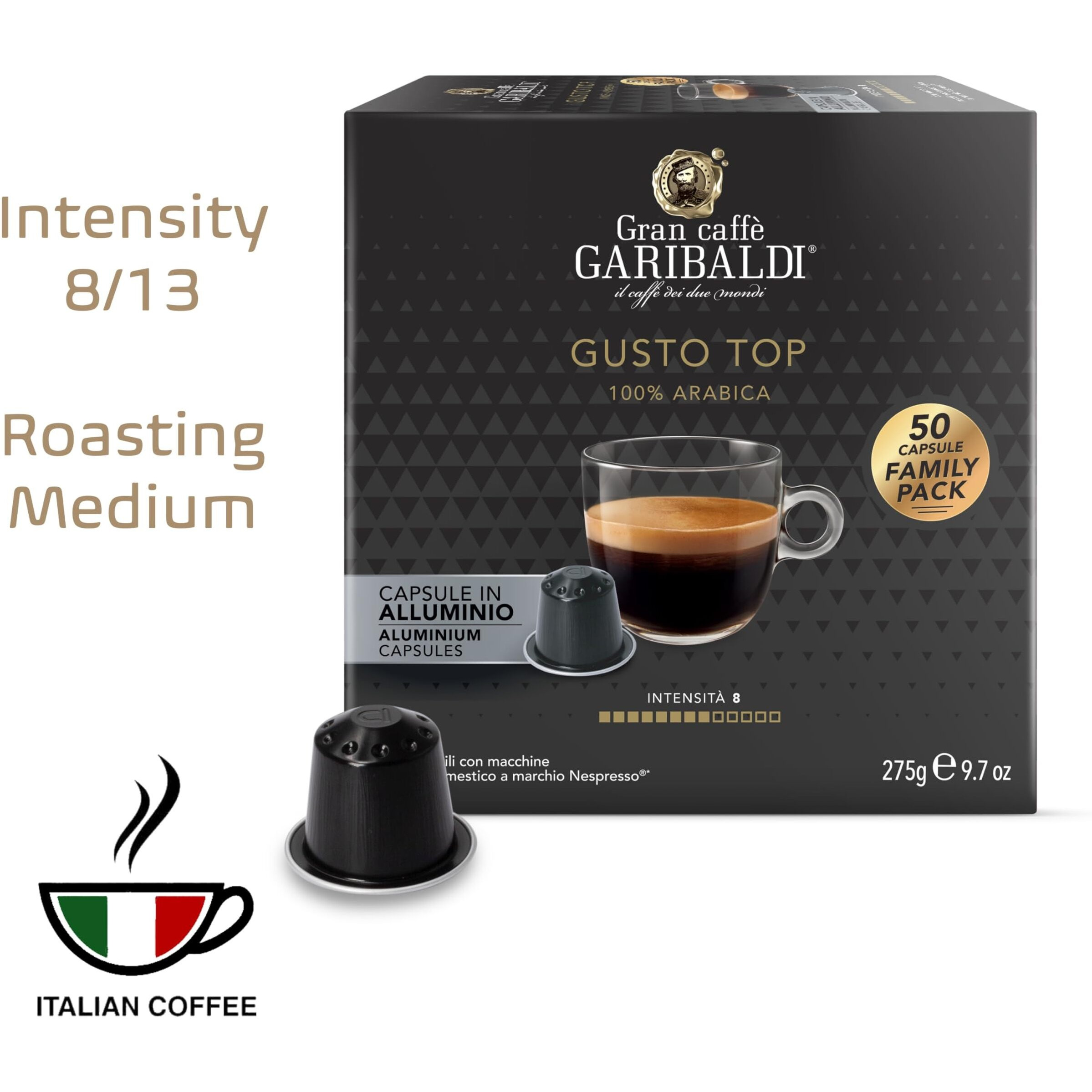 Gran Caff Garibaldi For Nespresso Original Machine 50 Aluminum Pods Certified Genuine Espresso Gusto Top Pods Compatible With Nespresso Original (Gusto Top, 50 Count)
