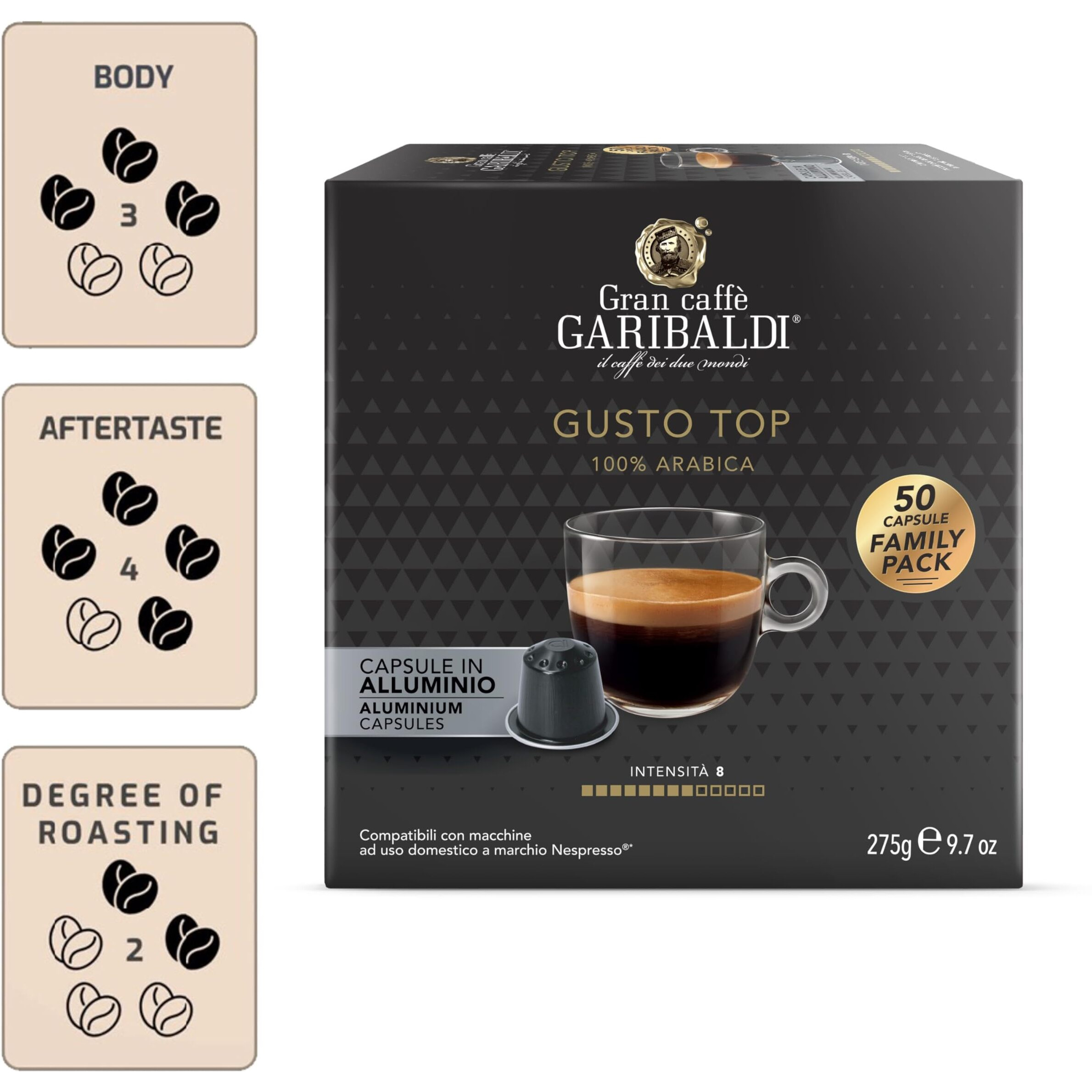 Gran Caff Garibaldi For Nespresso Original Machine 50 Aluminum Pods Certified Genuine Espresso Gusto Top Pods Compatible With Nespresso Original (Gusto Top, 50 Count)