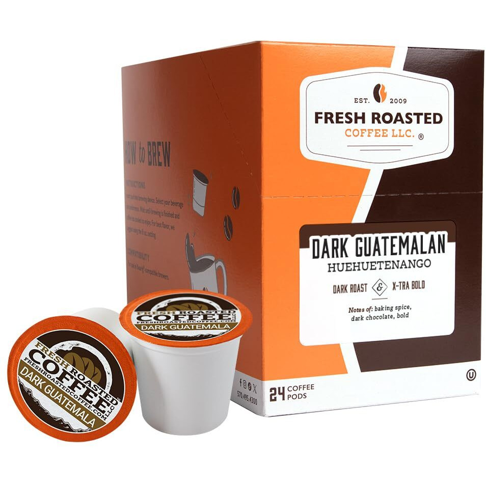 Fresh Roasted Coffee, Dark Guatemala Huehuetenango | Single Origin | Dark Roast | Kosher | K-Cup Compatible | 24 Pods