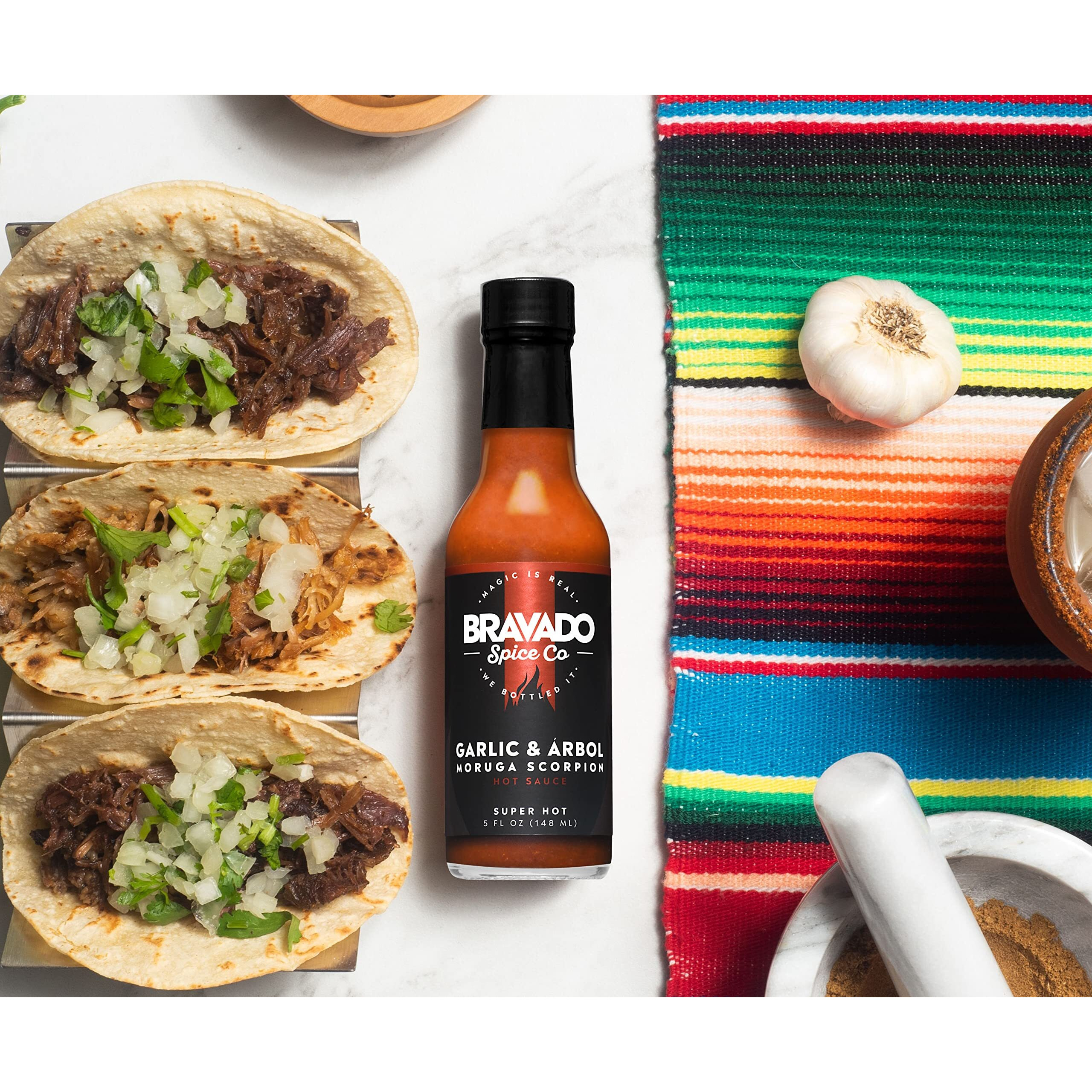 Garlic And Arbol Moruga Scorpion Hot Sauce By Bravado Spice Gluten Free, Vegan, Low Carb, Paleo Hot Sauce All Natural 5 Oz Hot Sauce Bottle Award Winning Gourmet Hot Sauce