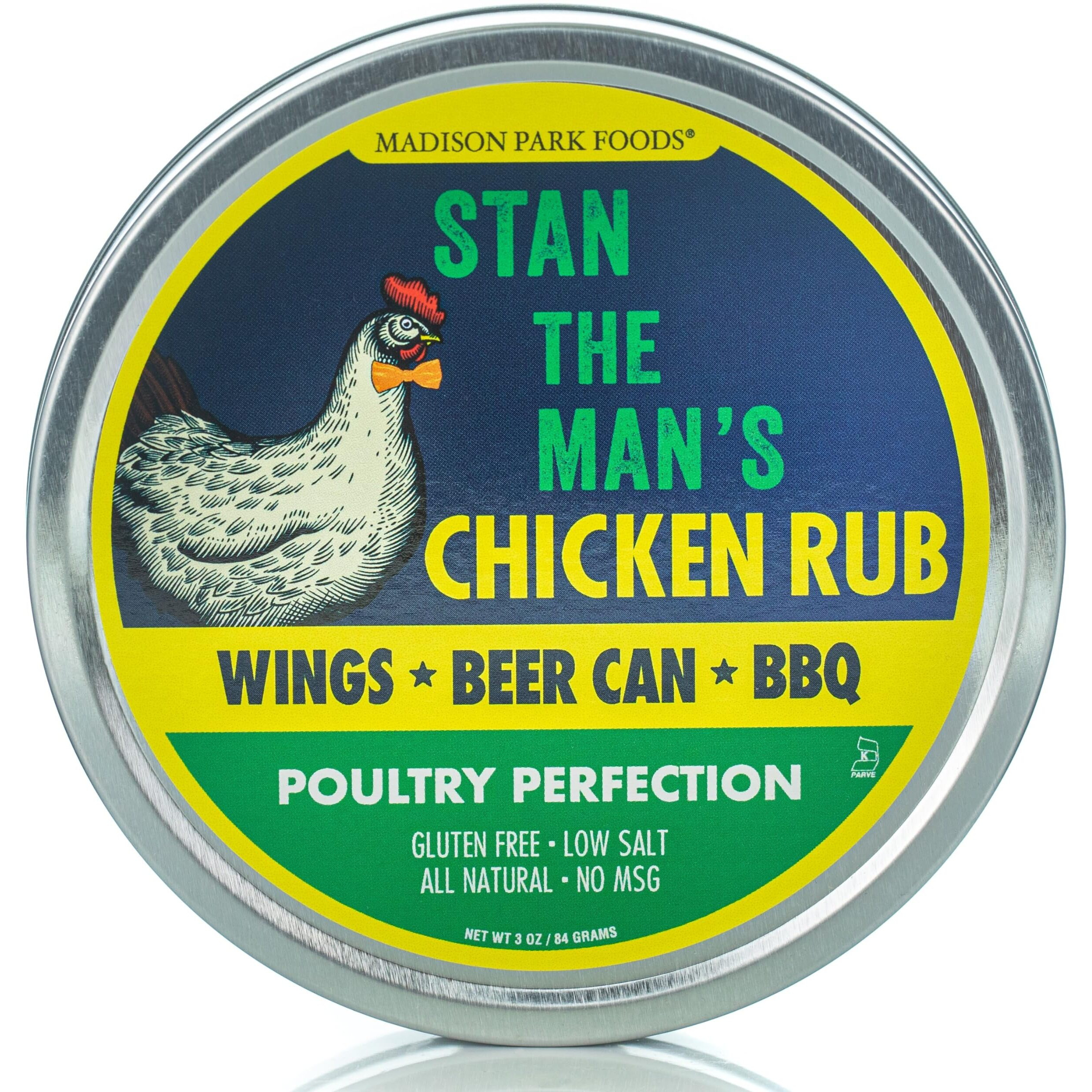 Stan The Mans Chicken Rub-Perfect Poultry Seasoning-Turkey, Beer Can Chicken, Spatchcock, Wings, Bbq, Fried-All-Natural, Gluten Free, Keto, Low Sodium, No Msg-Madison Park Foods, 3 Oz Tin