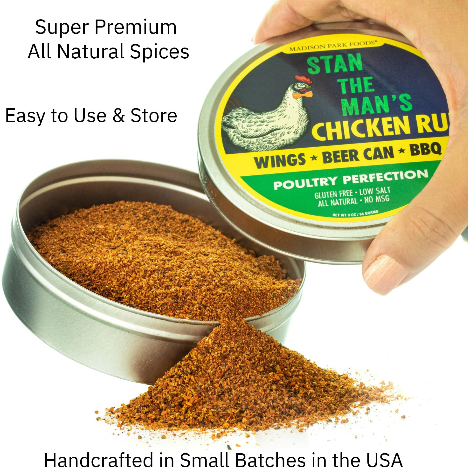 Stan The Mans Chicken Rub-Perfect Poultry Seasoning-Turkey, Beer Can Chicken, Spatchcock, Wings, Bbq, Fried-All-Natural, Gluten Free, Keto, Low Sodium, No Msg-Madison Park Foods, 3 Oz Tin