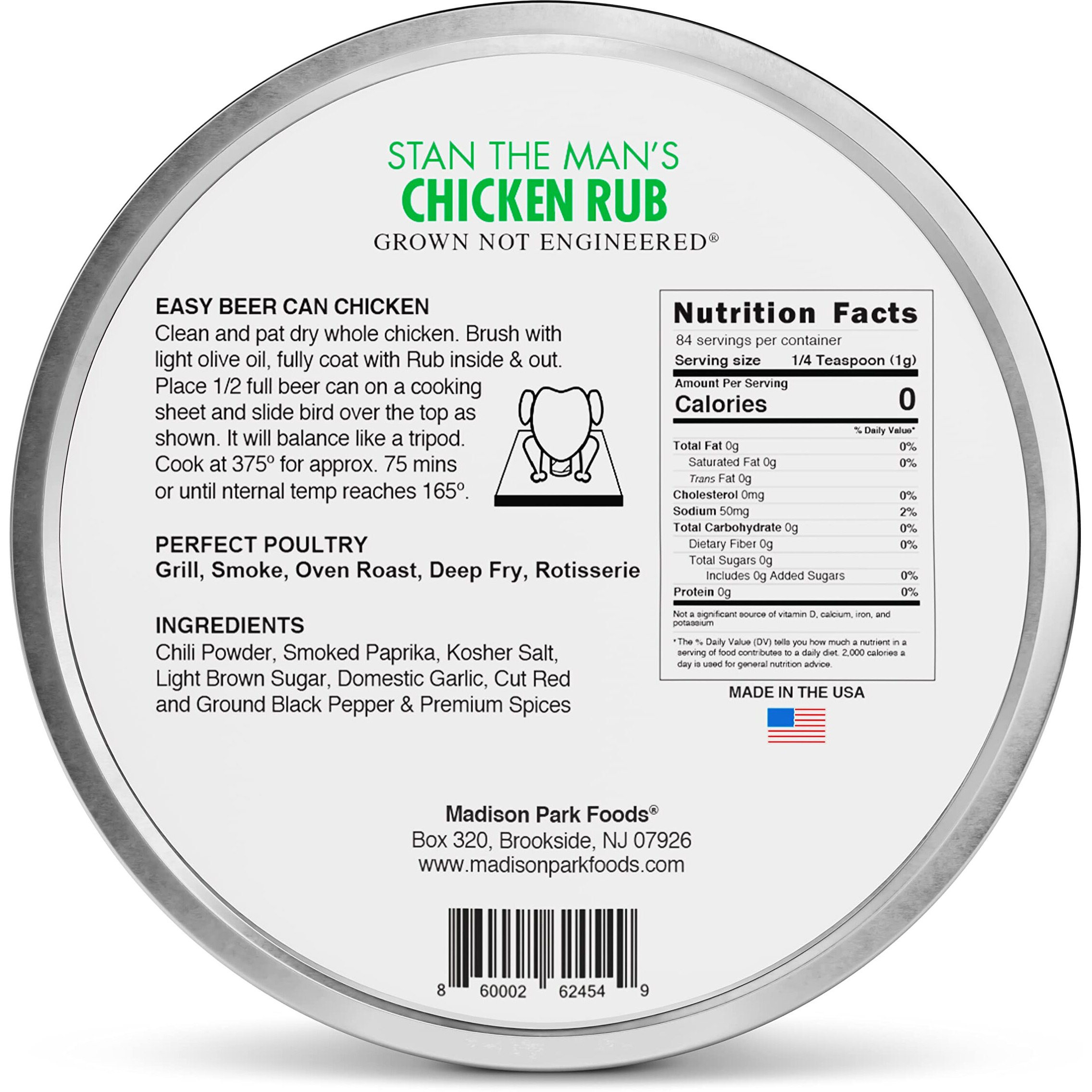 Stan The Mans Chicken Rub-Perfect Poultry Seasoning-Turkey, Beer Can Chicken, Spatchcock, Wings, Bbq, Fried-All-Natural, Gluten Free, Keto, Low Sodium, No Msg-Madison Park Foods, 3 Oz Tin