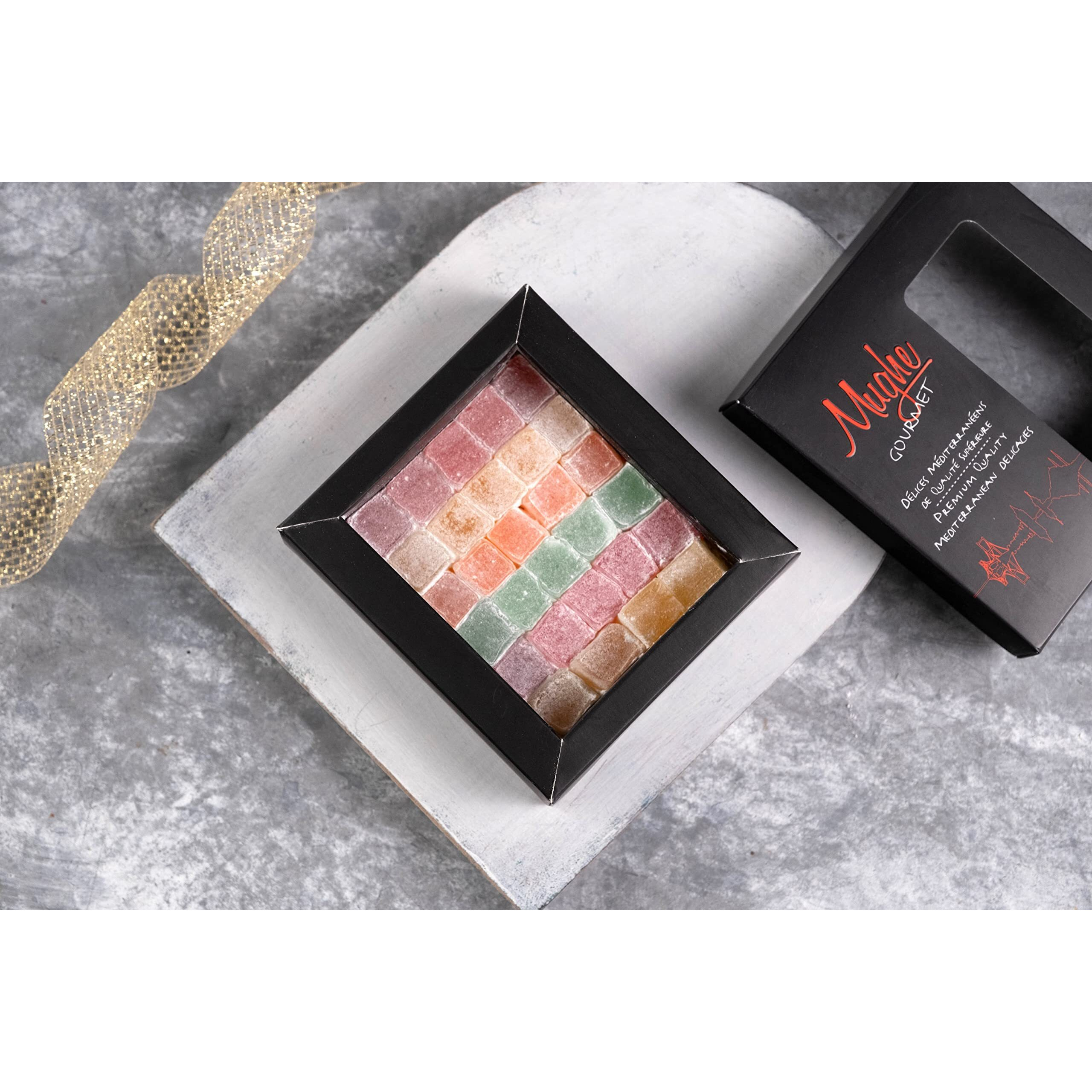 Mughe Gourmet Turkish Delight Candy Elegant Gift Box - 7Oz/200G - Halal, Vegan Lokum Fruit Flavors Rose, Strawberry, Lemon, Orange, Mint - Gifts For Special Occasions, Christmas, Halloween