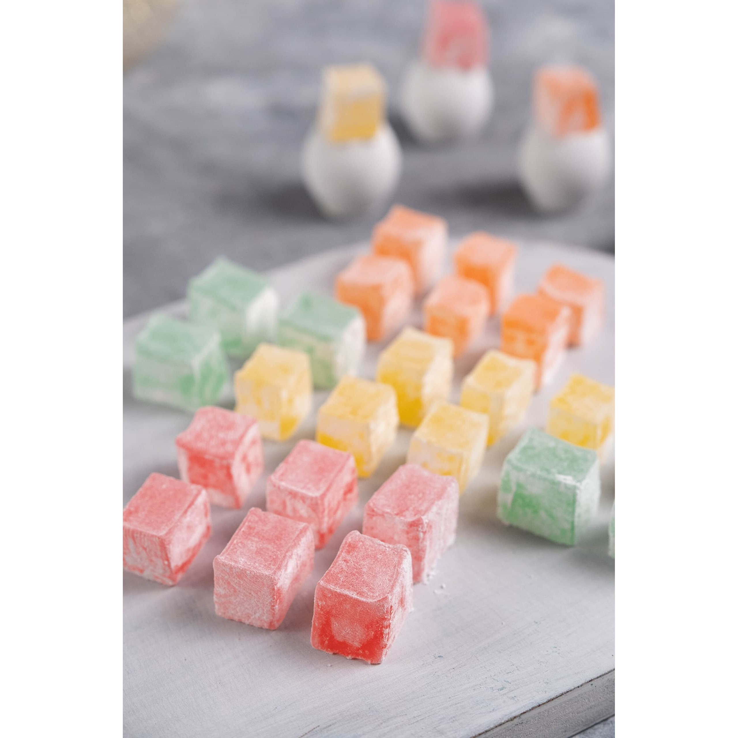 Mughe Gourmet Turkish Delight Candy Elegant Gift Box - 7Oz/200G - Halal, Vegan Lokum Fruit Flavors Rose, Strawberry, Lemon, Orange, Mint - Gifts For Special Occasions, Christmas, Halloween