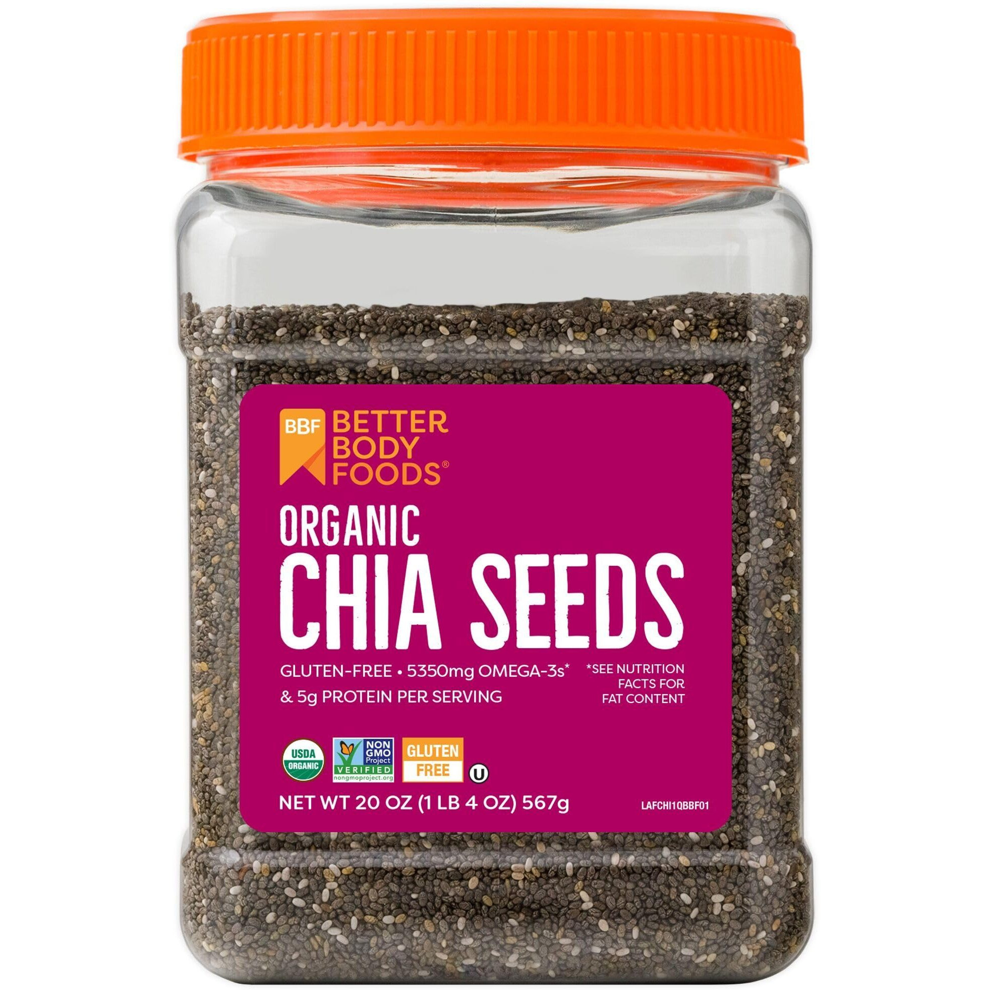 Betterbody Foods Organic Chia Seeds With Omega-3, Non-Gmo, Gluten Free, Keto Diet Friendly, Vegan, Good Source Of Fiber, Add To Smoothies, 1.25Lb