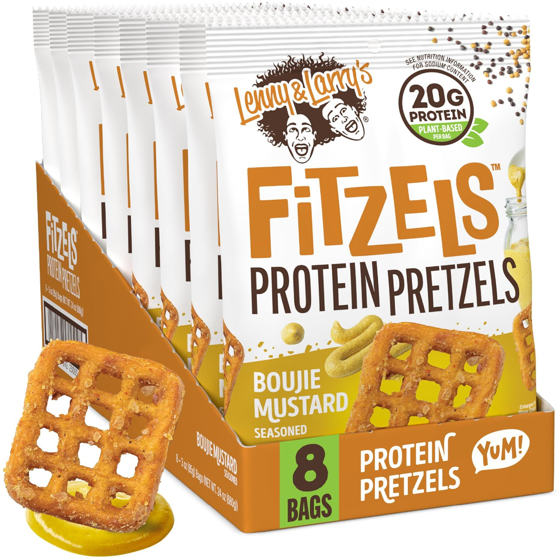 Lenny & Larry's Boujie Mustard Fitzels- Savory Pretzel Snacks Incredibly Tasty, High Protein, Salty, Vegan, Kosher 20 G's Of Plant Based Protein 8 (Eight) Bags, 3 Oz Each
