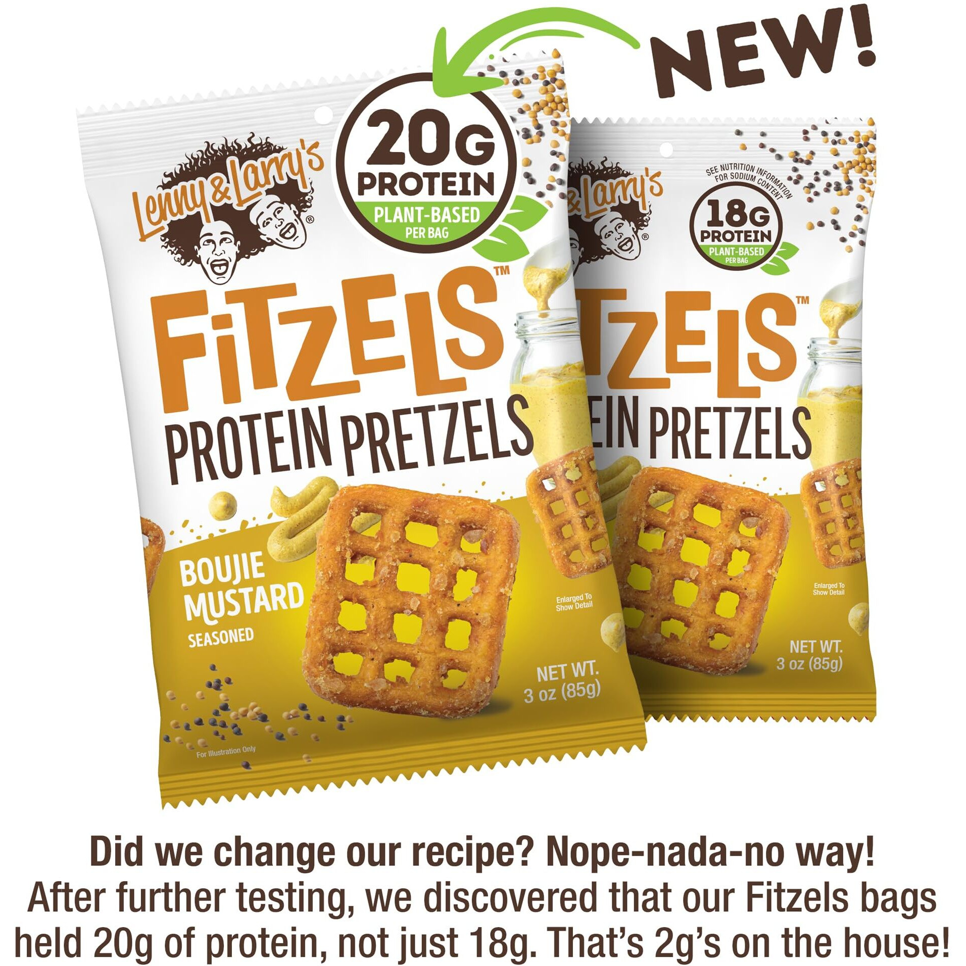 Lenny & Larry's Boujie Mustard Fitzels- Savory Pretzel Snacks Incredibly Tasty, High Protein, Salty, Vegan, Kosher 20 G's Of Plant Based Protein 8 (Eight) Bags, 3 Oz Each