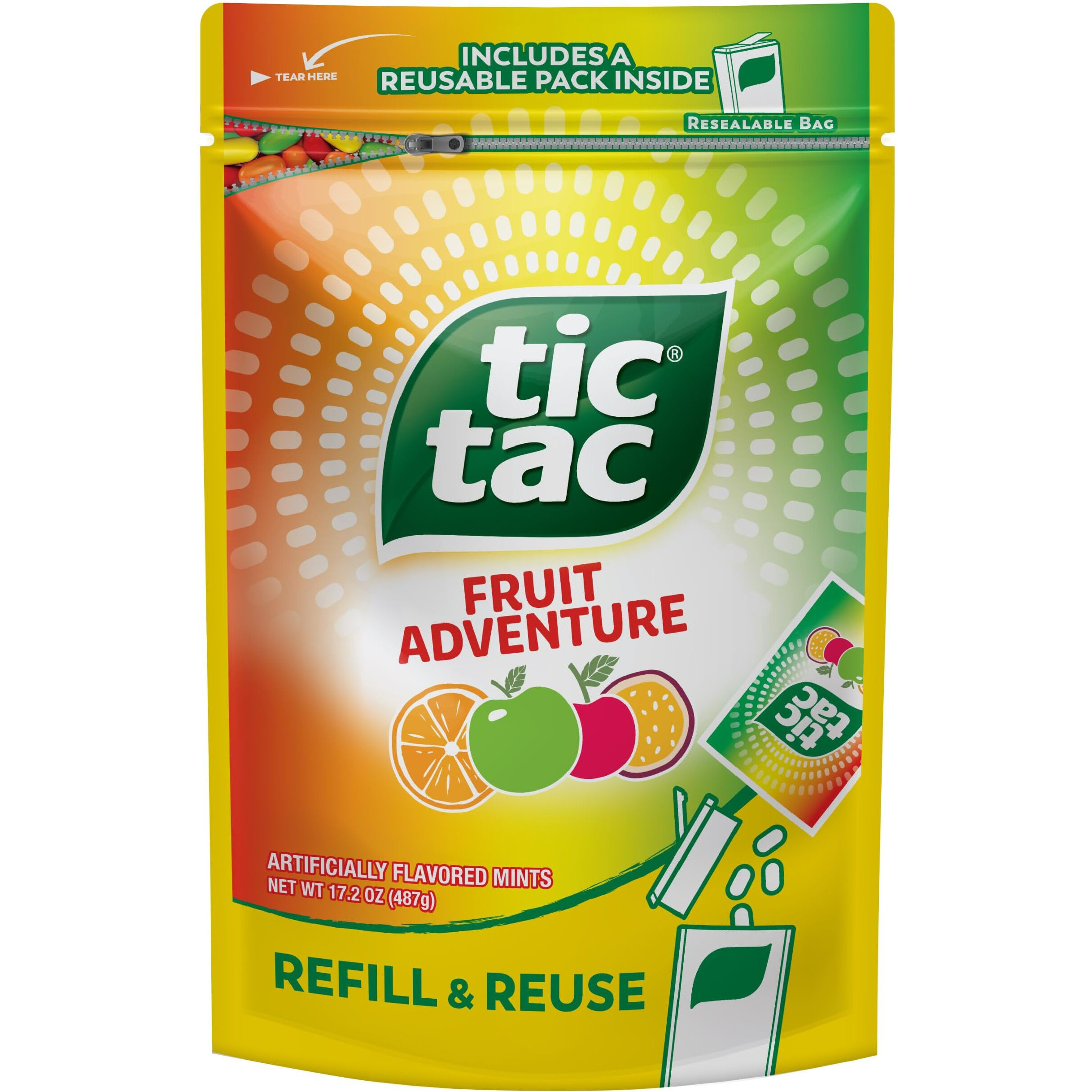 Tic Tac Resealable Refill Bag, Bulk 17.2 Oz, Fruit Adventure Mints, On-The-Go Refreshment, Includes Empty Refillable Pack