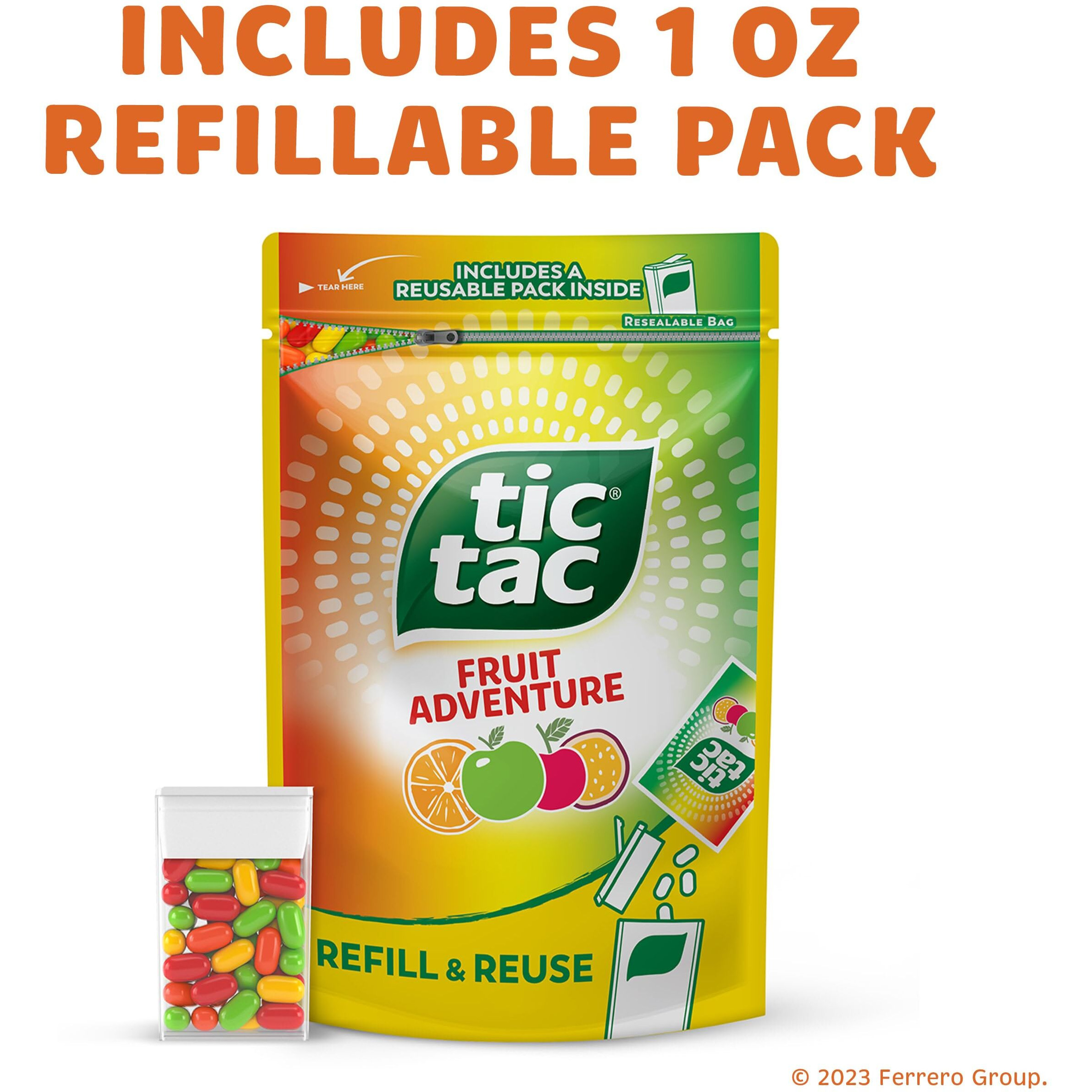 Tic Tac Resealable Refill Bag, Bulk 17.2 Oz, Fruit Adventure Mints, On-The-Go Refreshment, Includes Empty Refillable Pack