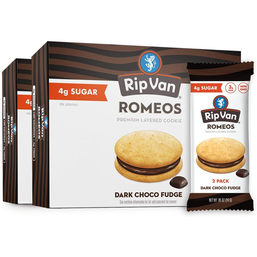 Rip Van Romeos Dark Chocolate Fudge Cookies - Low Sugar Cookies - Healthy Keto Snack - Individual 2 Packs (18 Count)