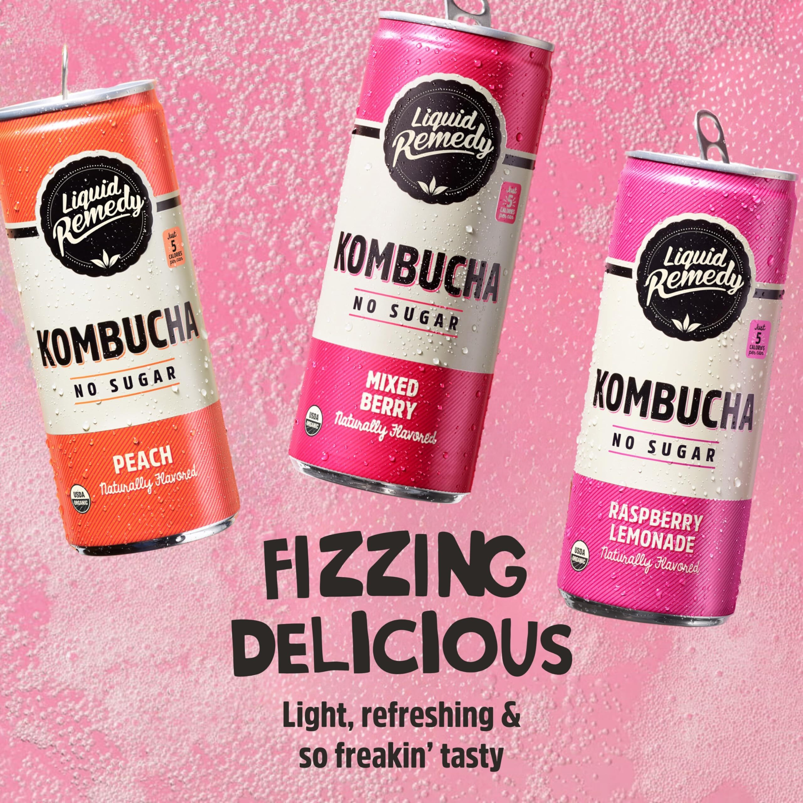 Liquid Remedy Kombucha Sugar Free Organic Drink, Low Calorie, Probiotic Like Tea For Gut Health - Fruity Faves Variety Pack - 8.5 Fl Oz Can, 12-Pack