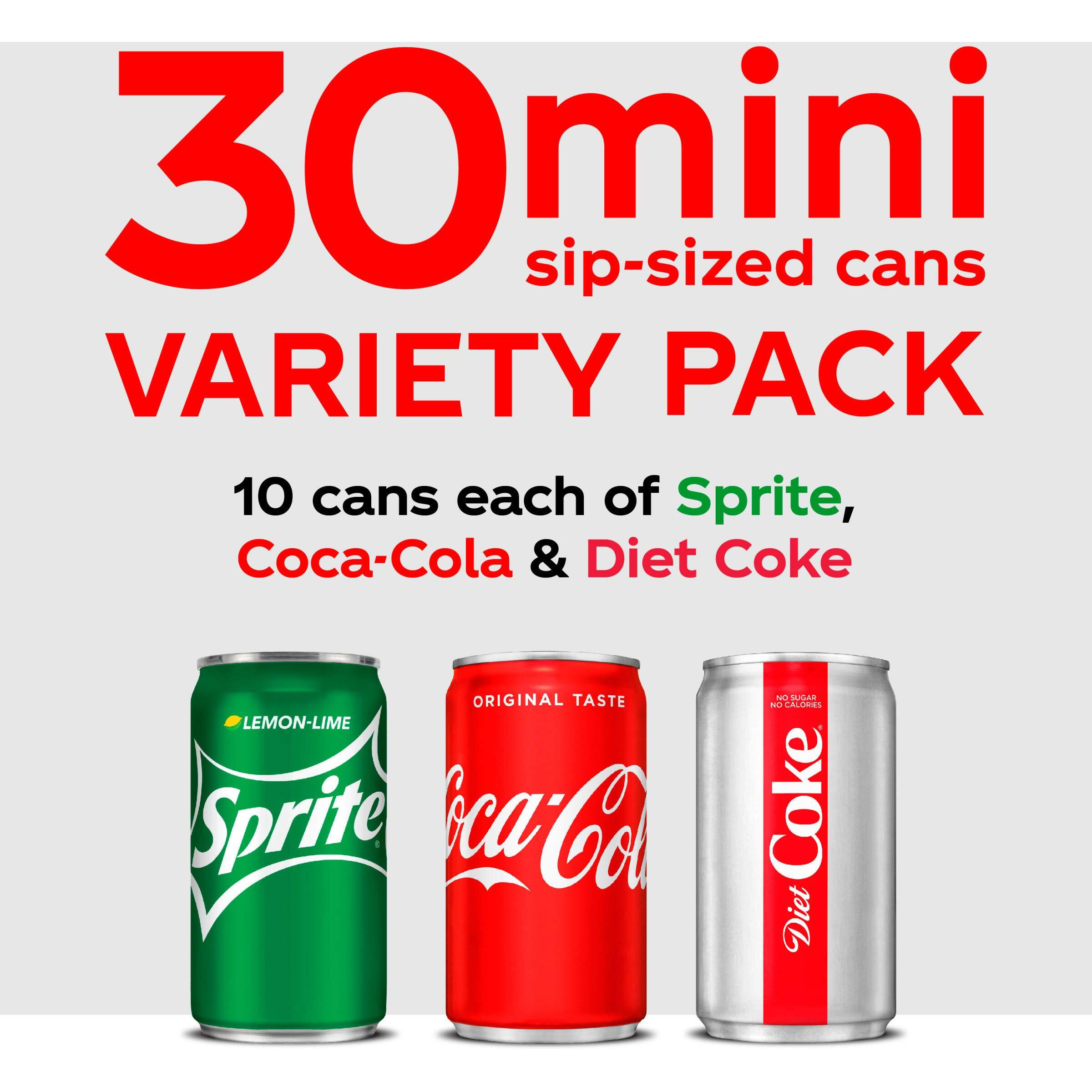Coca-Cola Mini Can Variety Pack, 7.5 Fl Oz, Pack Of 30 (10 Each Coke Classic, Diet Coke, Sprite),, 7.5 Fl Oz ()