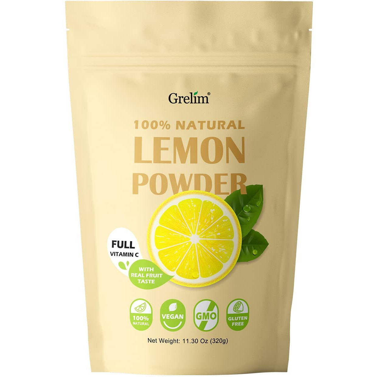 Grelim Lemon Powder 11.30 Oz, 100% Lemon Juice Freeze Dried Powder, Filler Free, Gluten-Free, Rich In Natural Vitamin C Fresh Squeezed Lemon Flavor Great For Beverages, Smoothies 320G