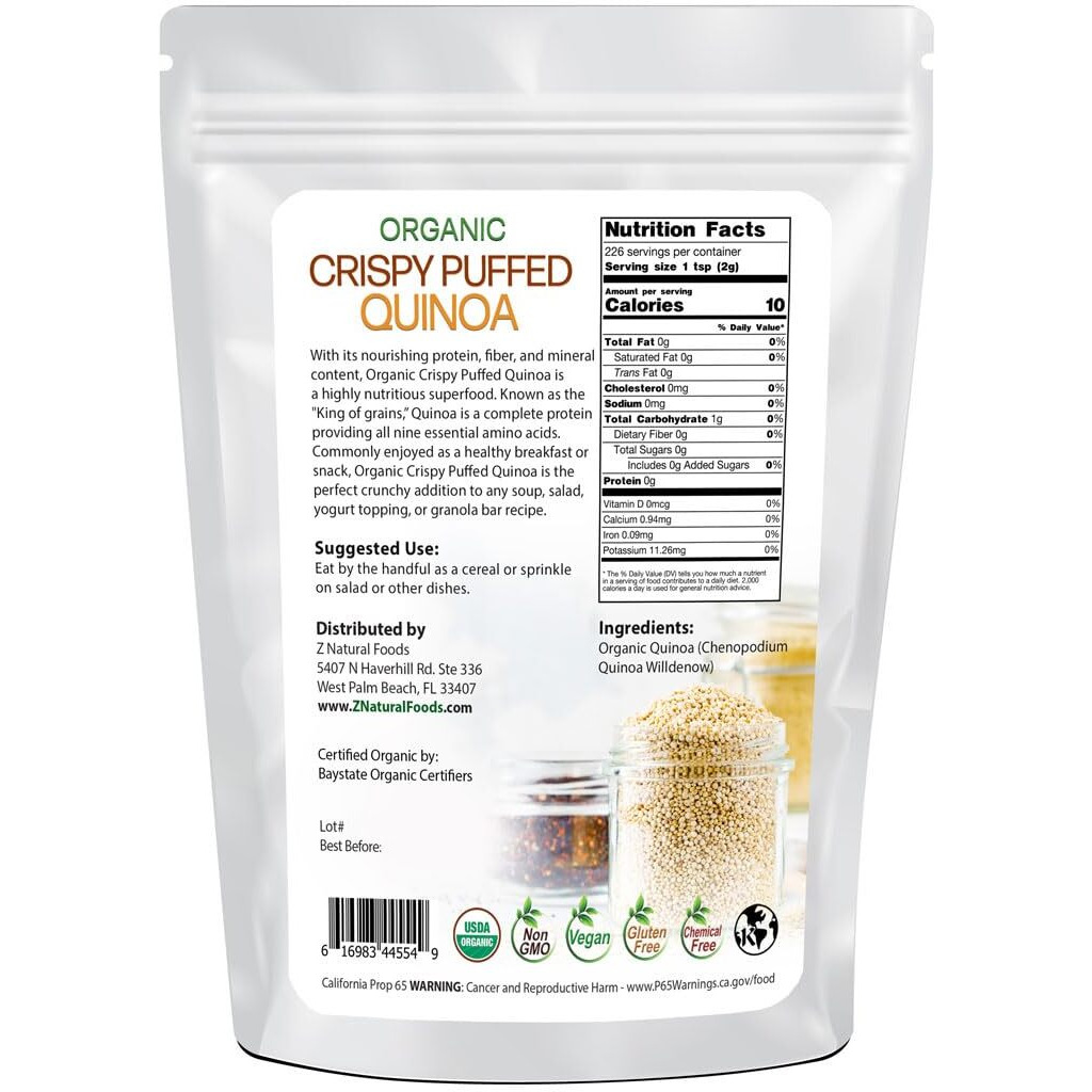 Z Natural Foods Organic Crispy Puffed Quinoa - Real Crisped Quinoa Vegan Superfood - Healthy Quinoa Crisps Snacks For Adults & Kids - Crispy Quinoa Puffs For Baking, Snacks, Yogurts, Gluten-Free, 1 Lb