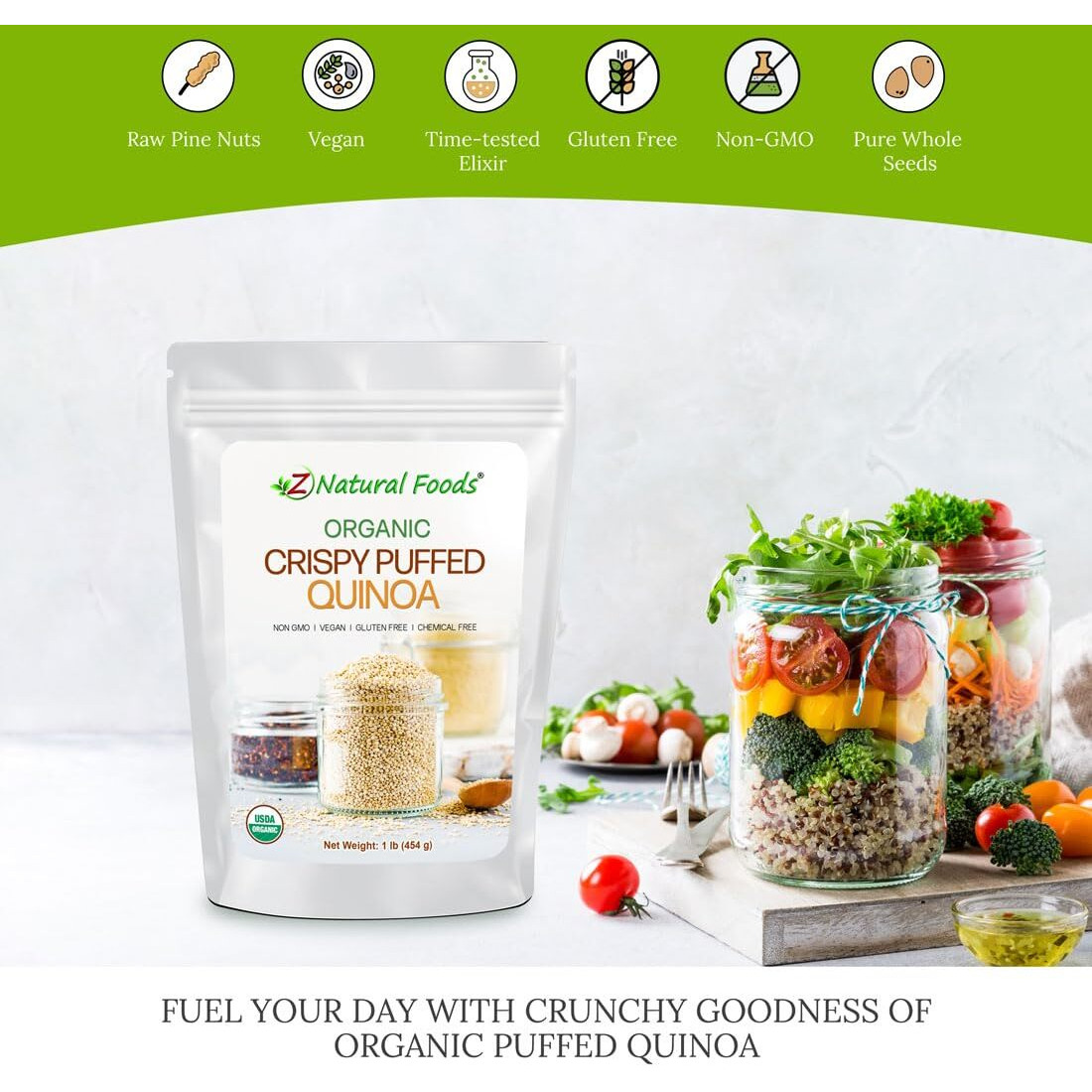 Z Natural Foods Organic Crispy Puffed Quinoa - Real Crisped Quinoa Vegan Superfood - Healthy Quinoa Crisps Snacks For Adults & Kids - Crispy Quinoa Puffs For Baking, Snacks, Yogurts, Gluten-Free, 1 Lb