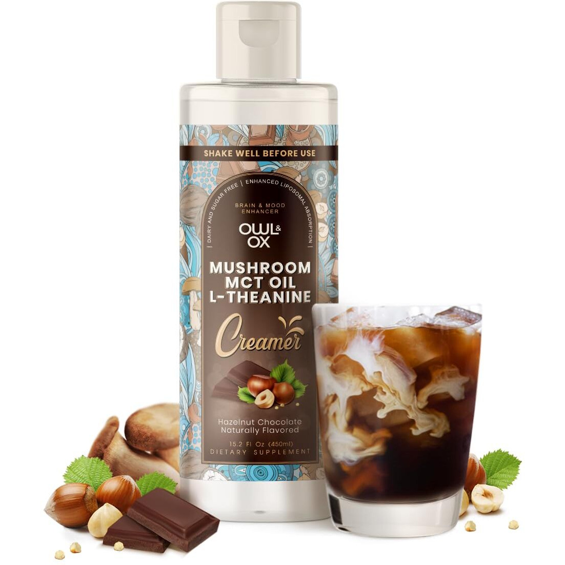 Mushroom Coffee Creamer With Mct Oil By Owl & Ox | L Theanine, Nootropic Superfood Blend, Vegan, Sugar Free, Dairy Free, Adaptogens, Plant Based & Keto Friendly, Hazelnut Chocolate Flavor, 30 Servings