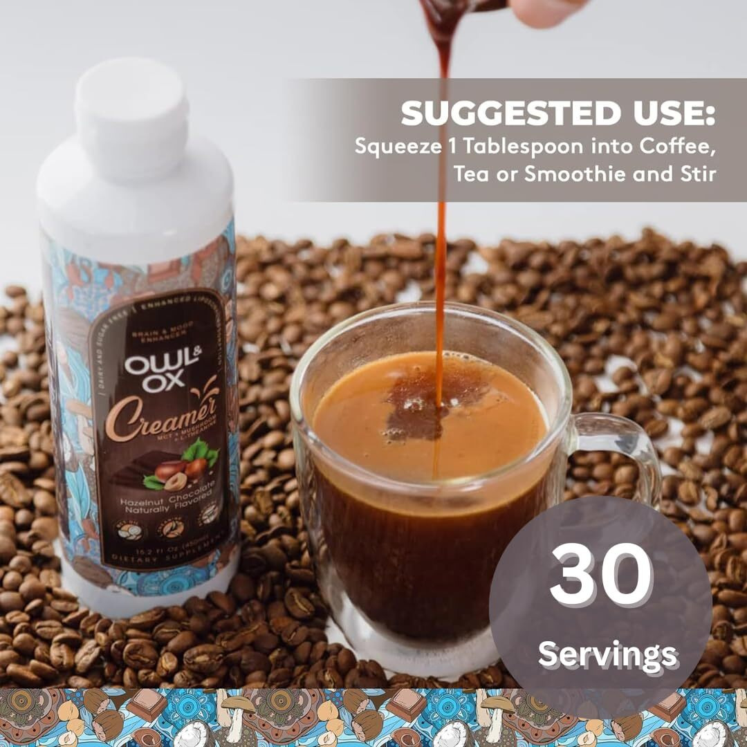 Mushroom Coffee Creamer With Mct Oil By Owl & Ox | L Theanine, Nootropic Superfood Blend, Vegan, Sugar Free, Dairy Free, Adaptogens, Plant Based & Keto Friendly, Hazelnut Chocolate Flavor, 30 Servings