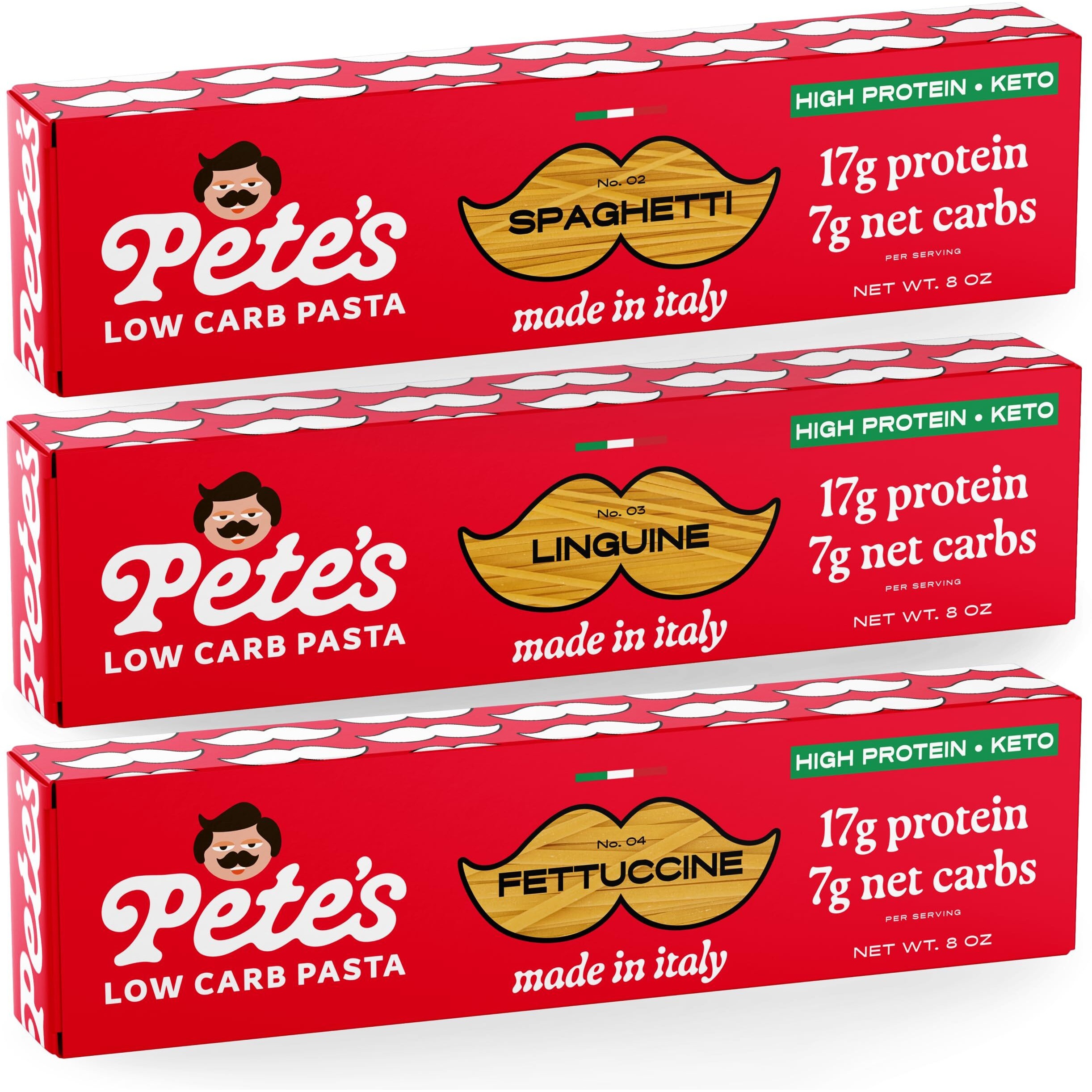 Pete's Pasta Variety Pack 8Oz - Spaghetti, Linguine, Fettuccine - 7G Low Carb Pasta, 17G High Protein Pasta - Authentic Italian Keto Pasta Noodles - Low Calorie Elbow Pasta - Wheat Pasta Imported From Italy