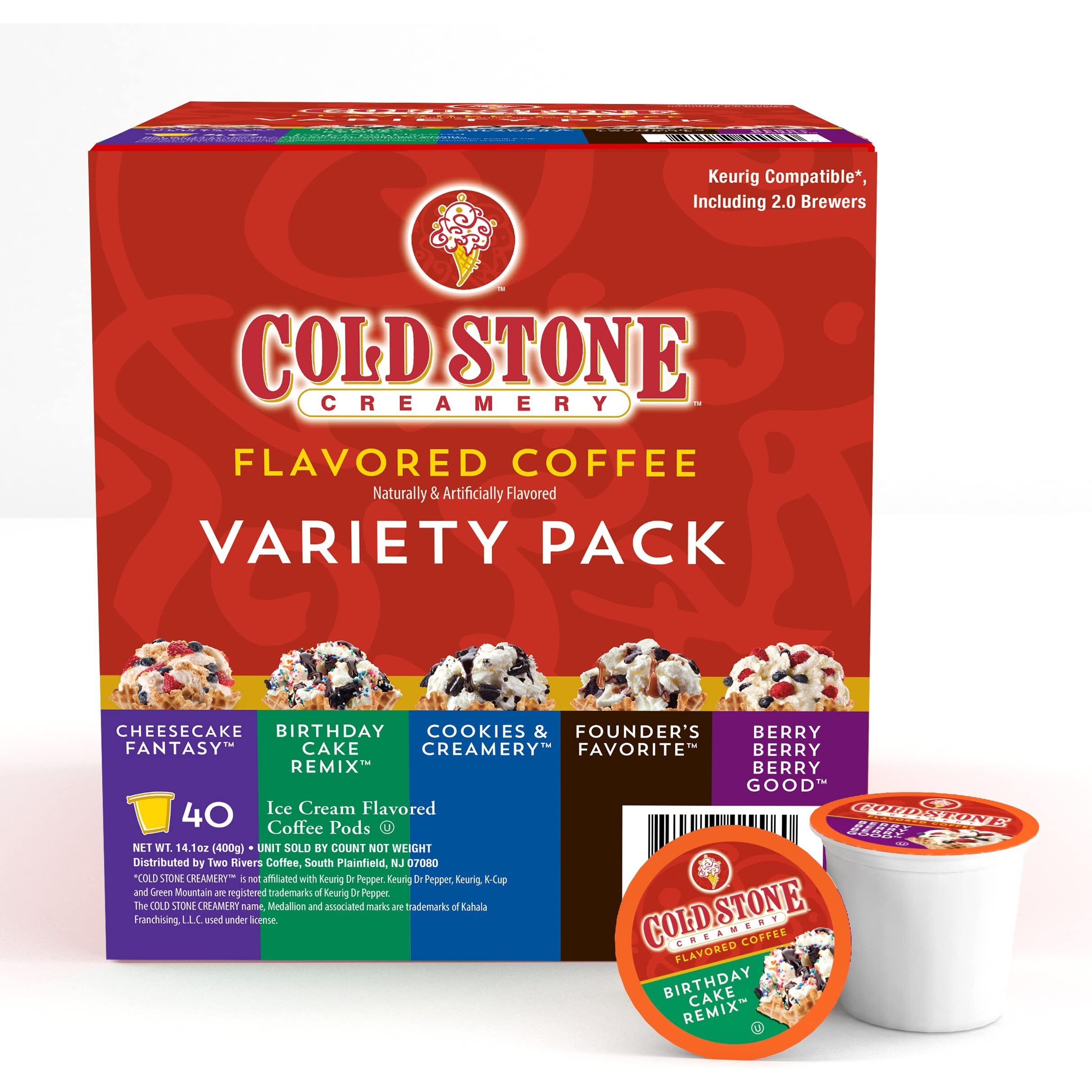 Cold Stone Beverages Creamery Ice Cream Flavored Coffee Pods, Assorted Variety Pack, Compatible With Keurig K Cup Brewers, 40 Count